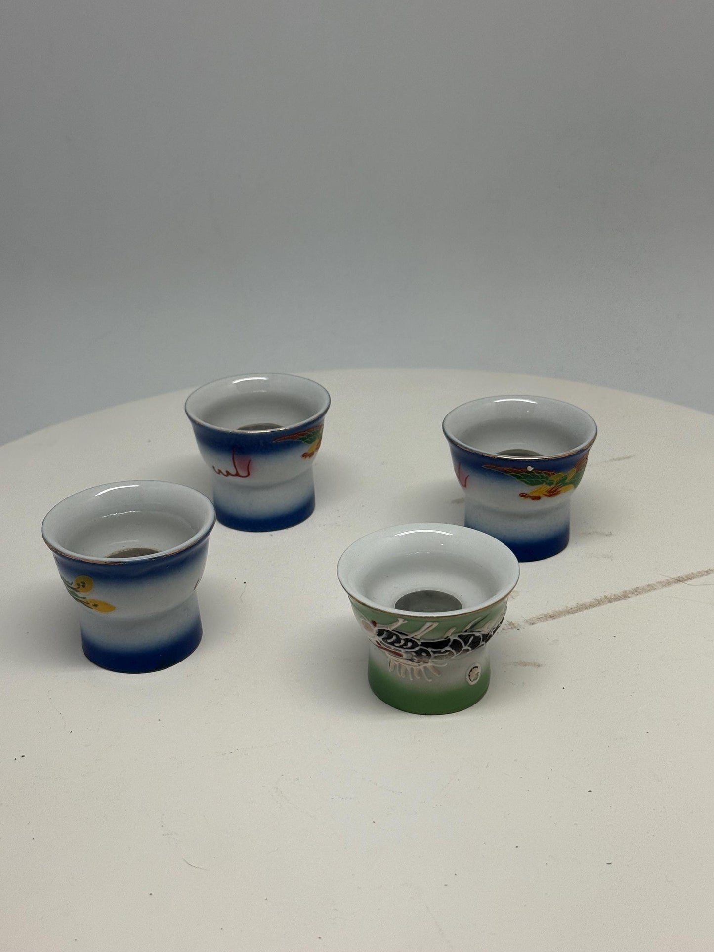 Vintage naughty reveal shot glass set, ceramic, intricate hand painted designs, retro 70s, barware collection