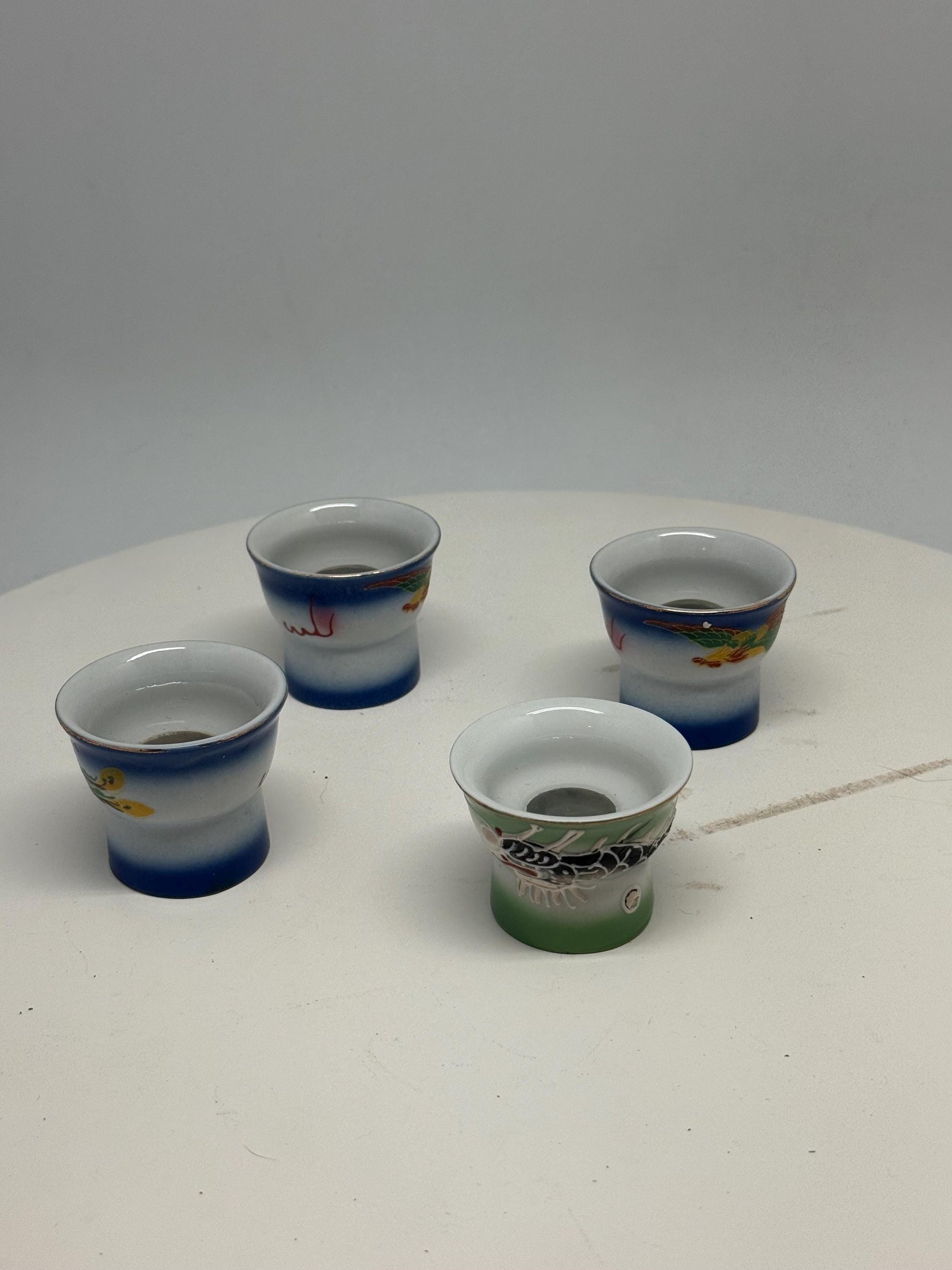 Vintage naughty reveal shot glass set, ceramic, intricate hand painted designs, retro 70s, barware collection