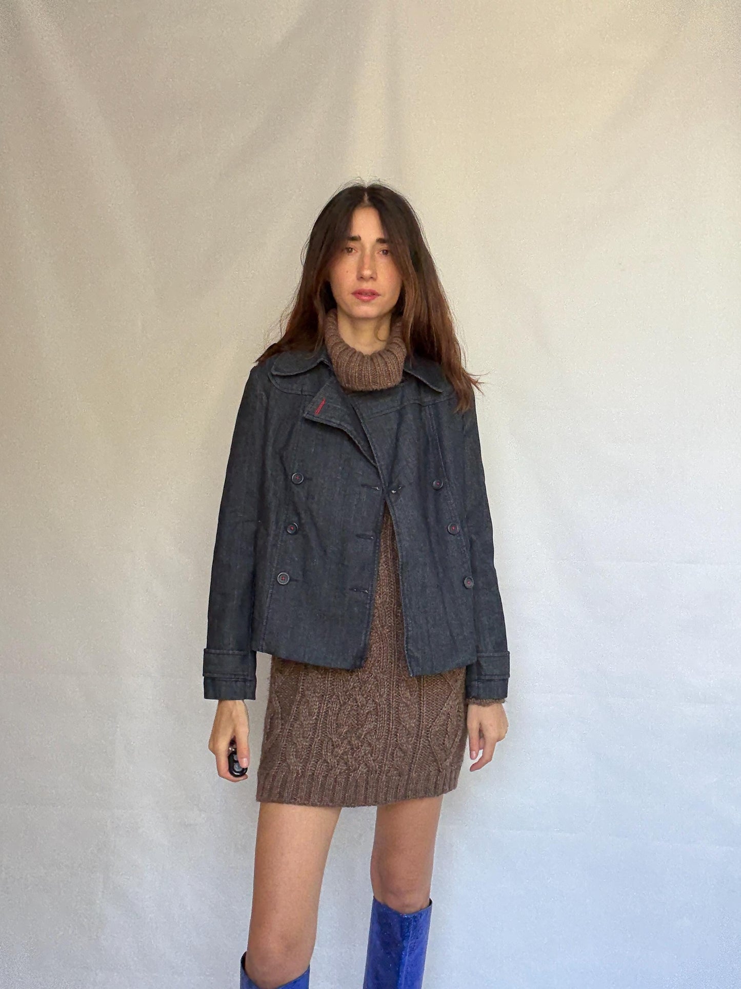 Ann Taylor Loft dark denim jacket, cotton blend, structured fit, double breasted, red stitch, vintage aesthetic, US S, streetwear vibe