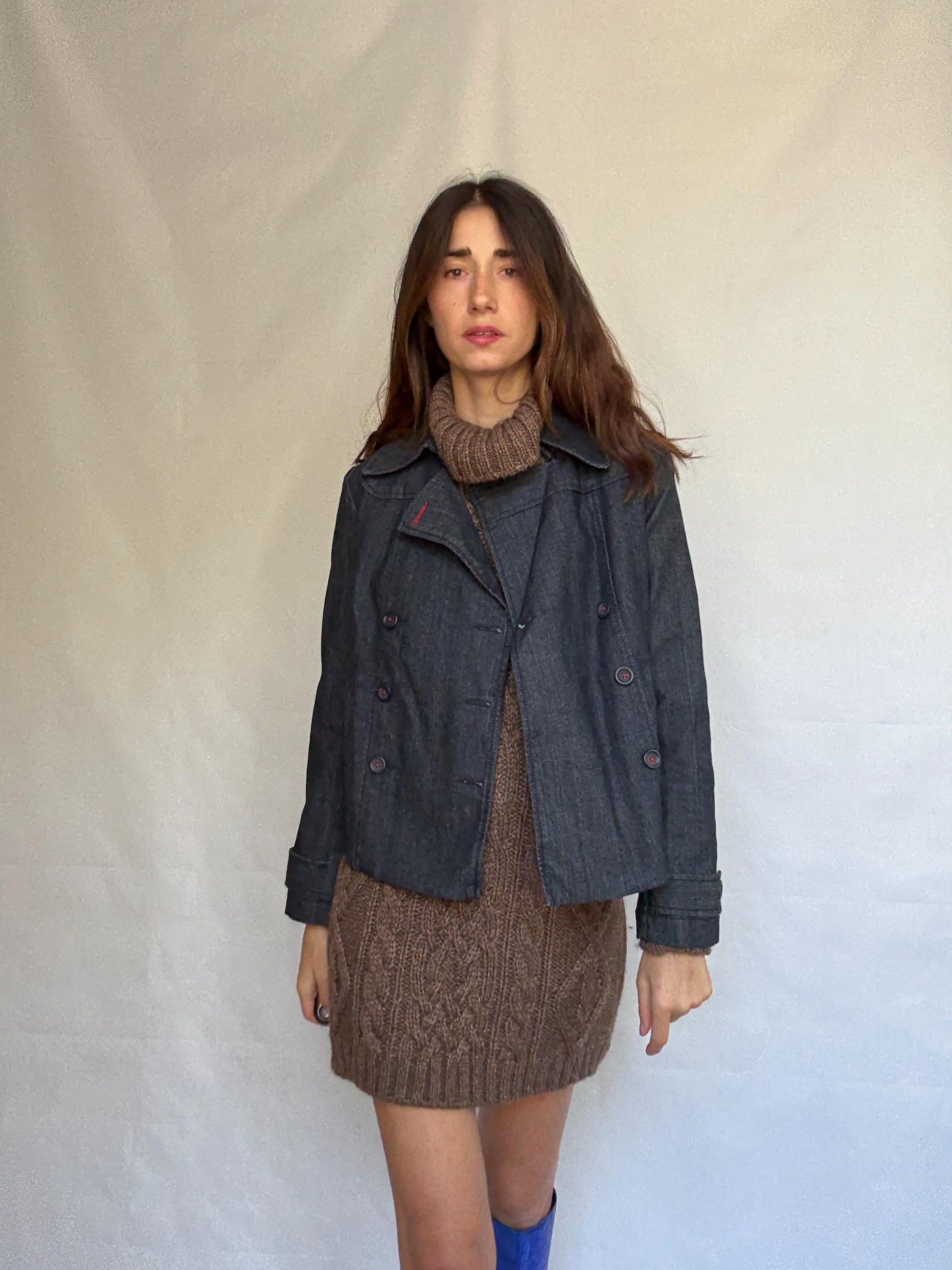 Ann Taylor Loft dark denim jacket, cotton blend, structured fit, double breasted, red stitch, vintage aesthetic, US S, streetwear vibe