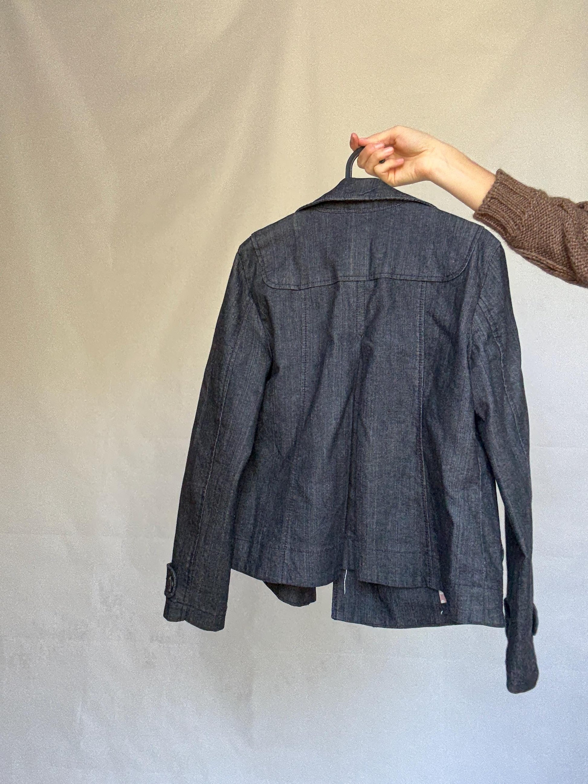 Ann Taylor Loft dark denim jacket, cotton blend, structured fit, double breasted, red stitch, vintage aesthetic, US S, streetwear vibe