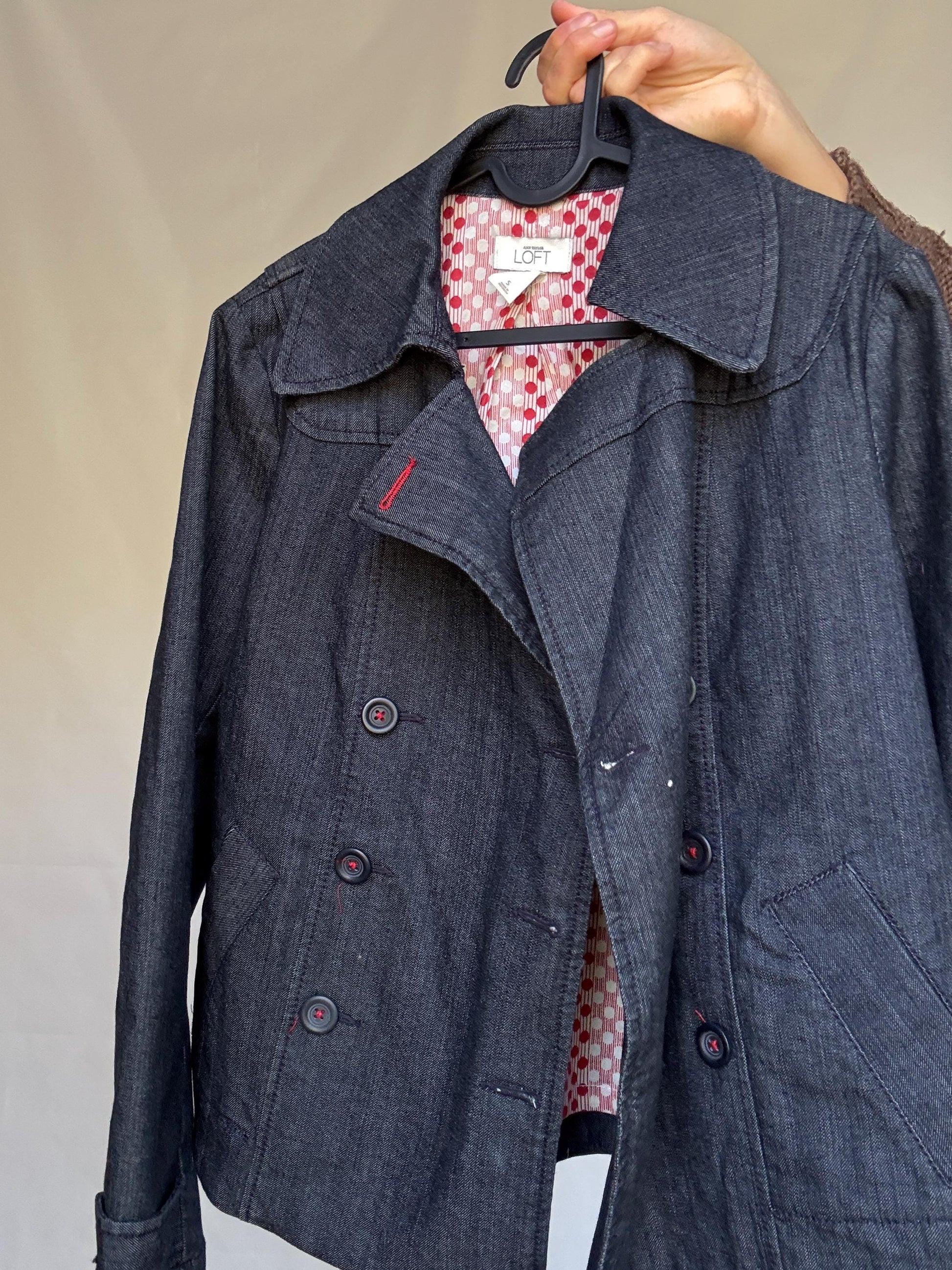 Ann Taylor Loft dark denim jacket, cotton blend, structured fit, double breasted, red stitch, vintage aesthetic, US S, streetwear vibe