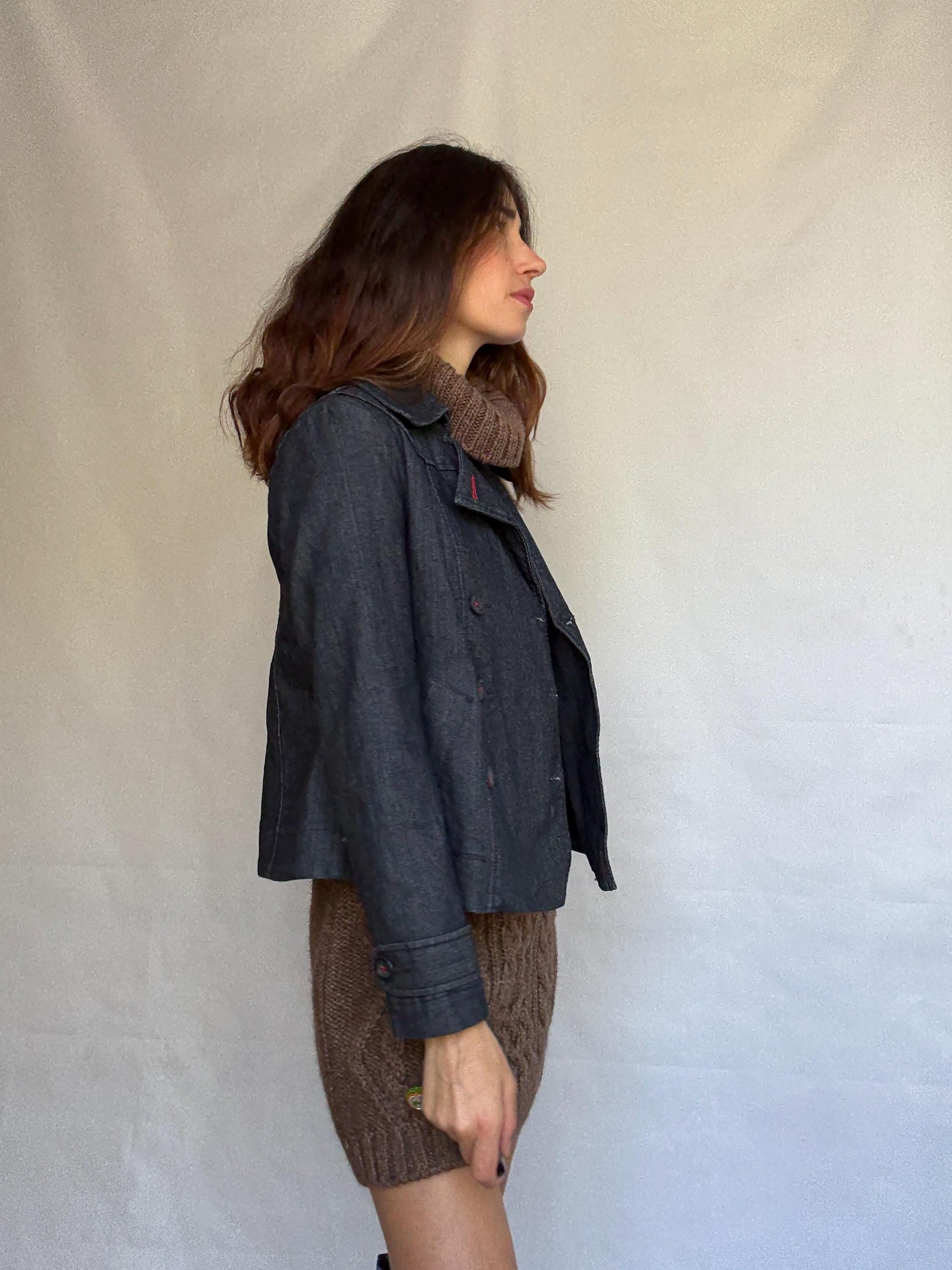 Ann Taylor Loft dark denim jacket, cotton blend, structured fit, double breasted, red stitch, vintage aesthetic, US S, streetwear vibe