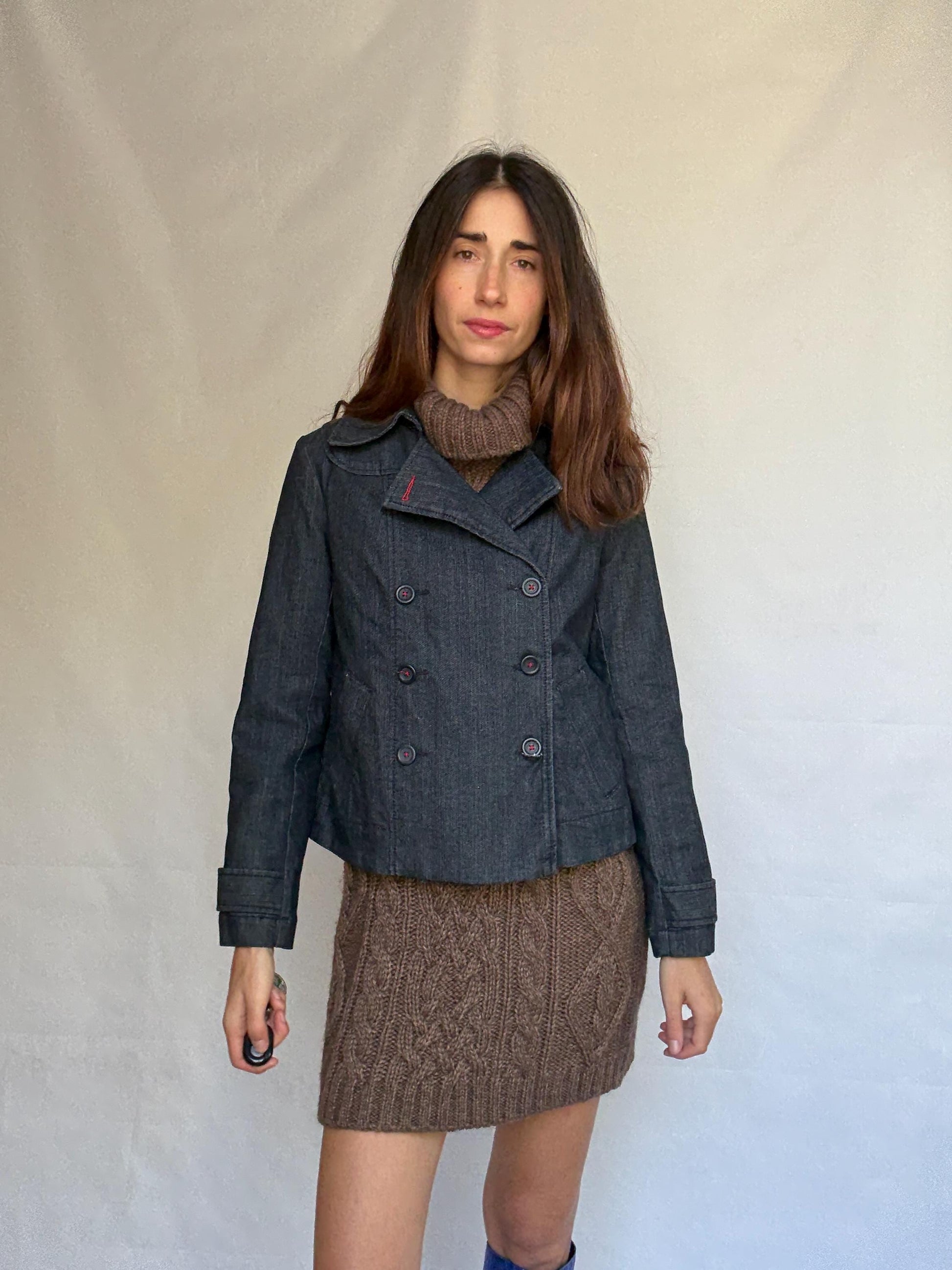 Ann Taylor Loft dark denim jacket, cotton blend, structured fit, double breasted, red stitch, vintage aesthetic, US S, streetwear vibe