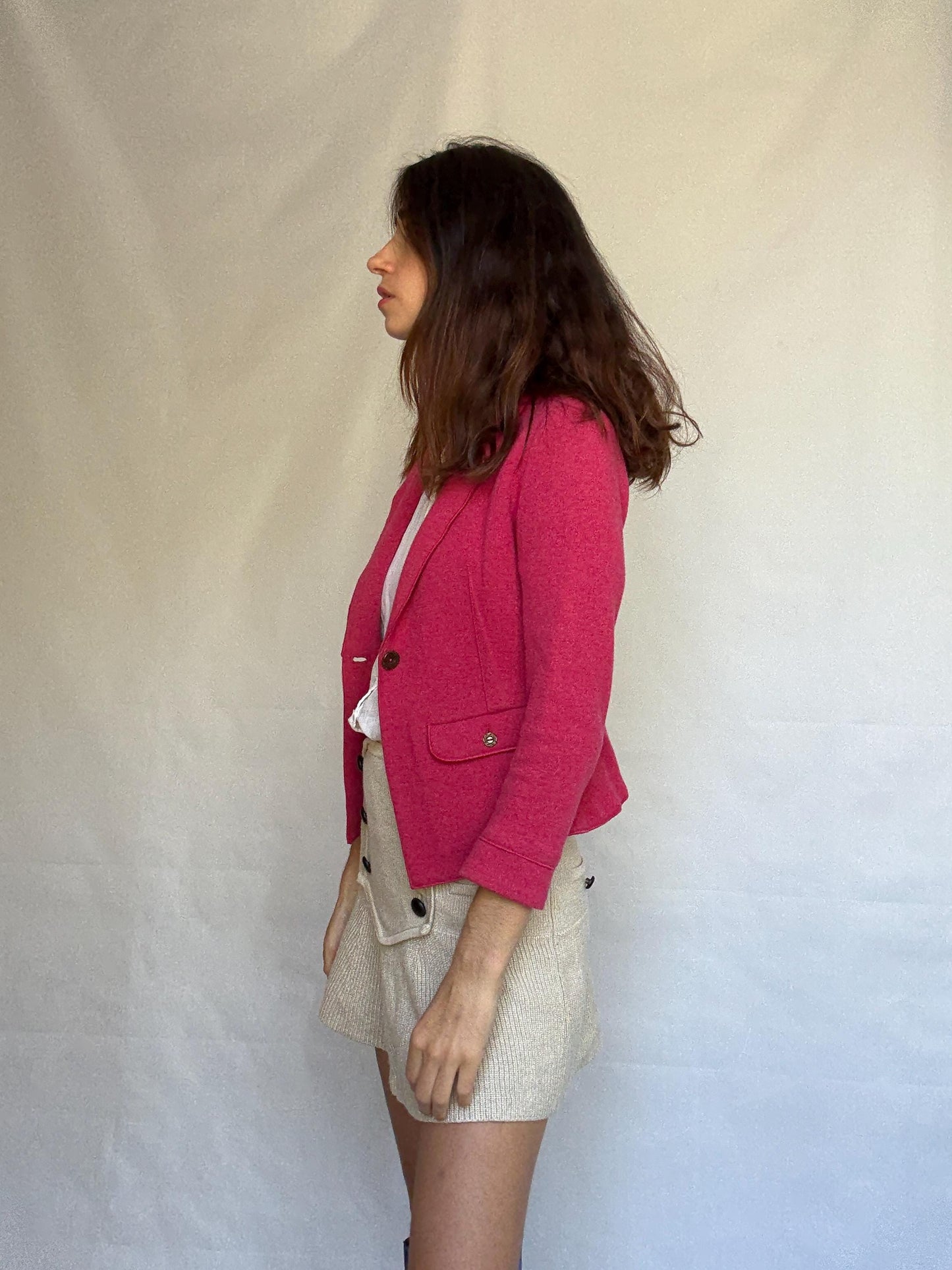 Marella pink blazer, cotton and wool blend, tailored fit, notched lapel, flap pockets, minimalist chic, US XS