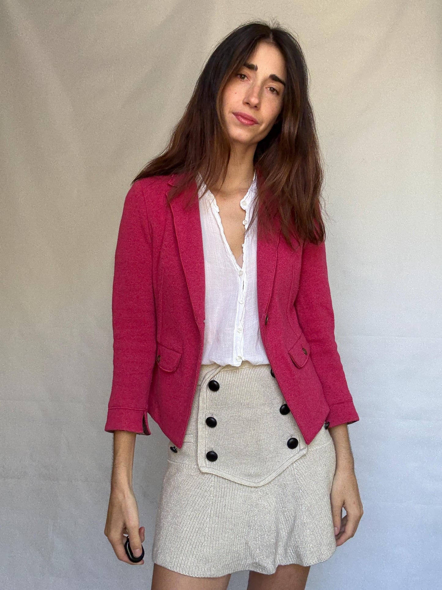 Marella pink blazer, cotton and wool blend, tailored fit, notched lapel, flap pockets, minimalist chic, US XS