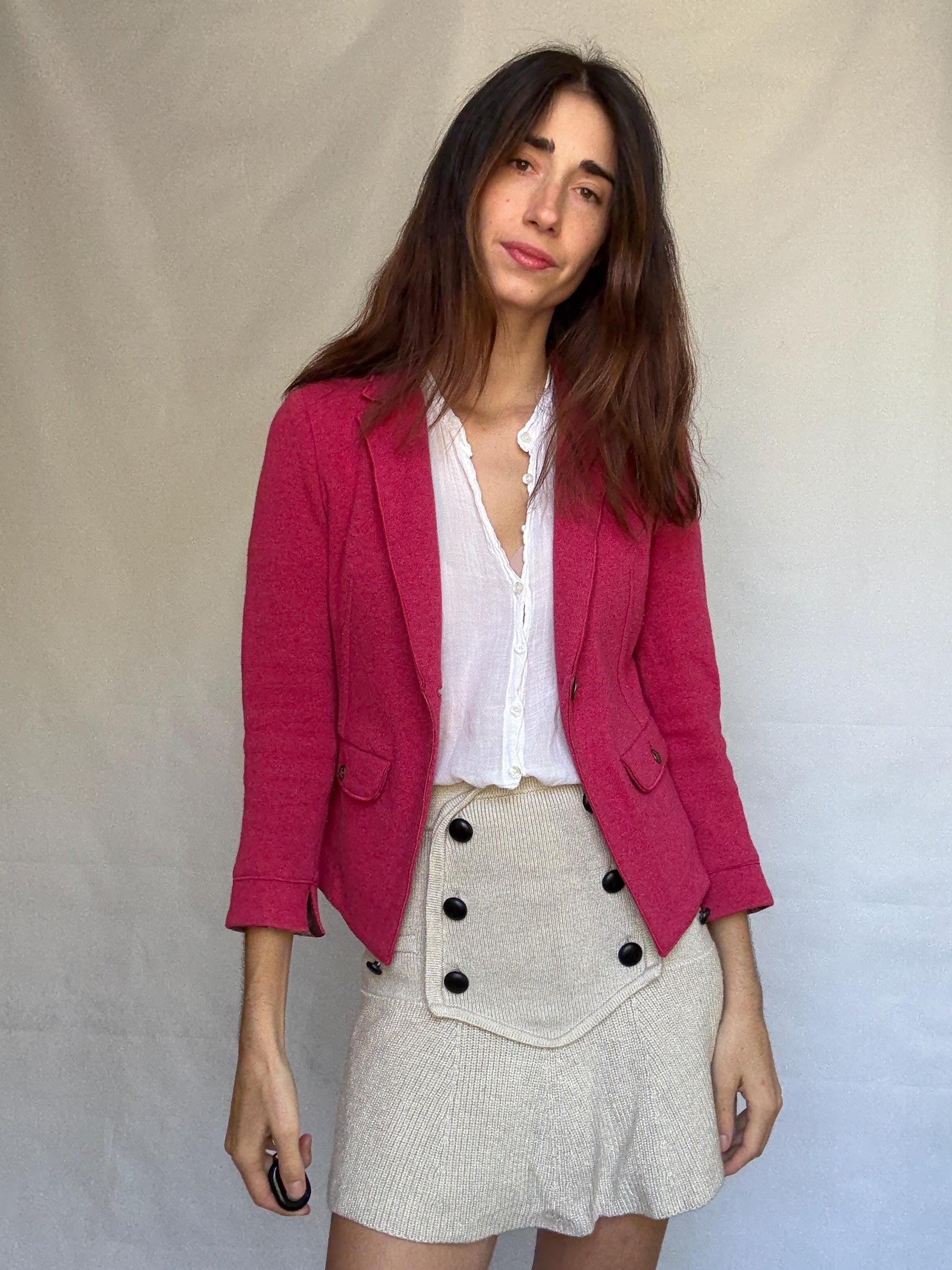 Marella pink blazer, cotton and wool blend, tailored fit, notched lapel, flap pockets, minimalist chic, US XS