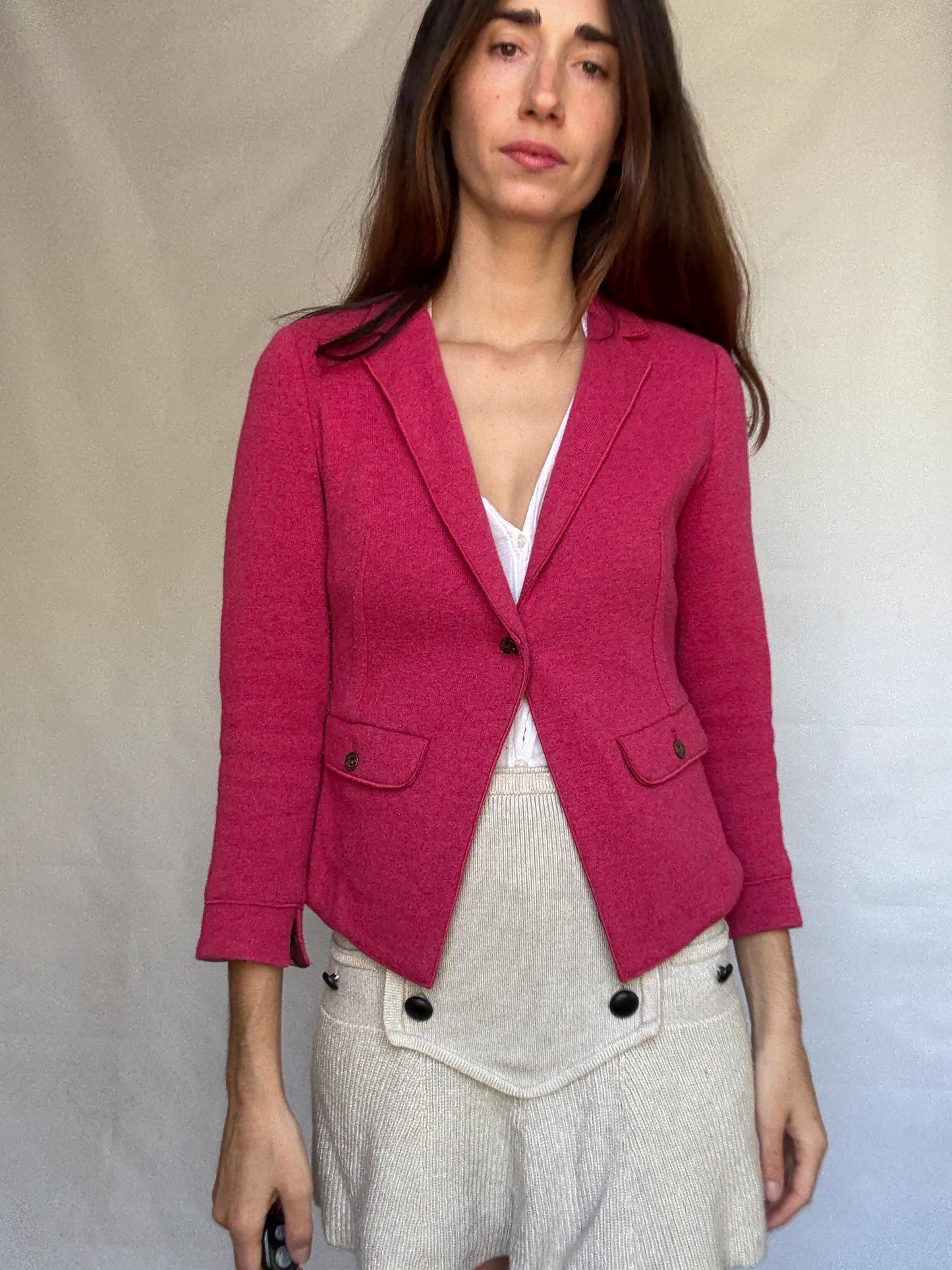 Marella pink blazer, cotton and wool blend, tailored fit, notched lapel, flap pockets, minimalist chic, US XS