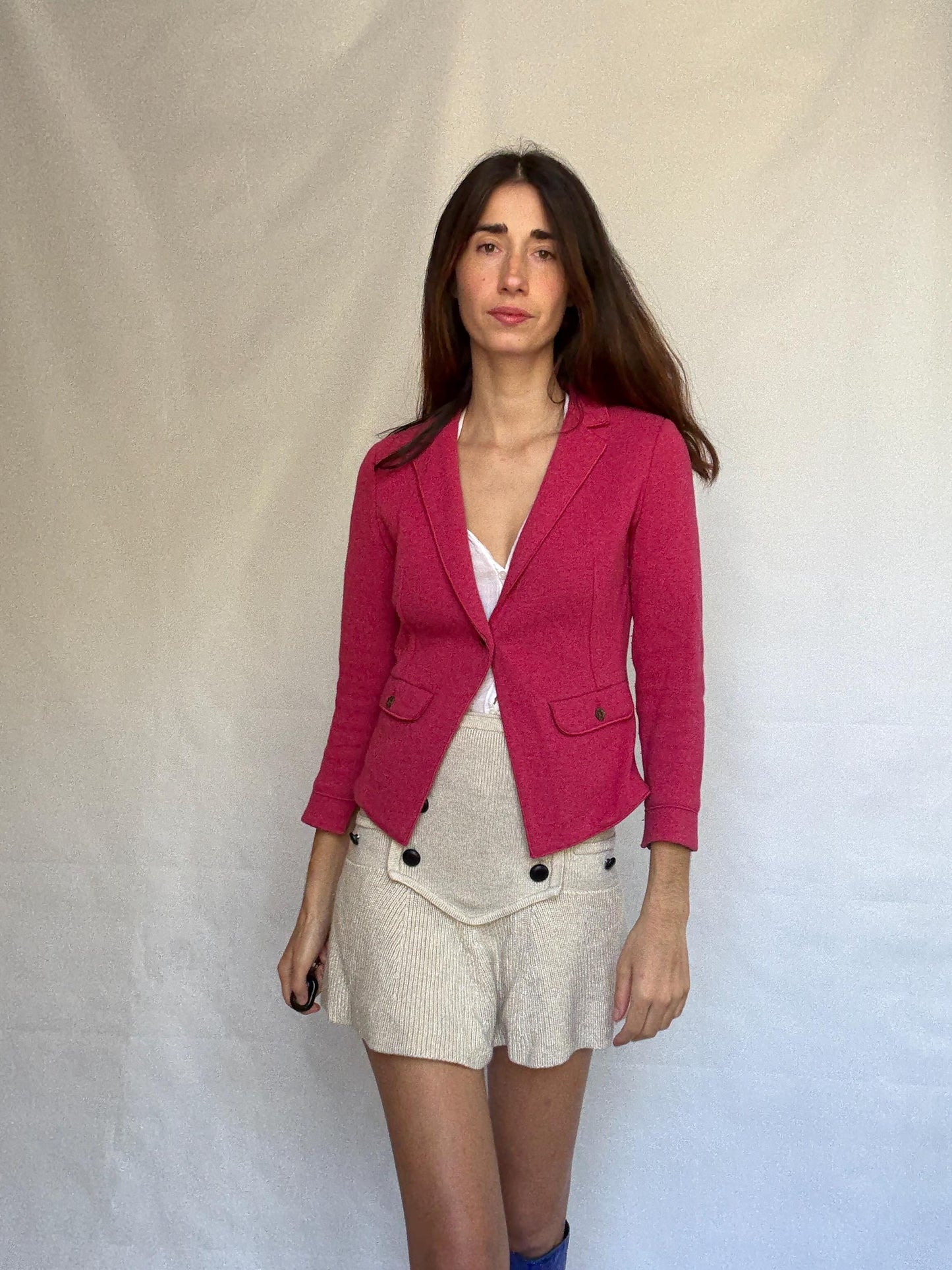 Marella pink blazer, cotton and wool blend, tailored fit, notched lapel, flap pockets, minimalist chic, US XS