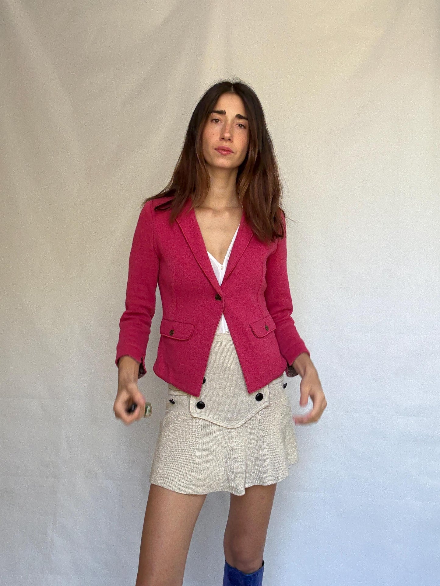 Marella pink blazer, cotton and wool blend, tailored fit, notched lapel, flap pockets, minimalist chic, US XS