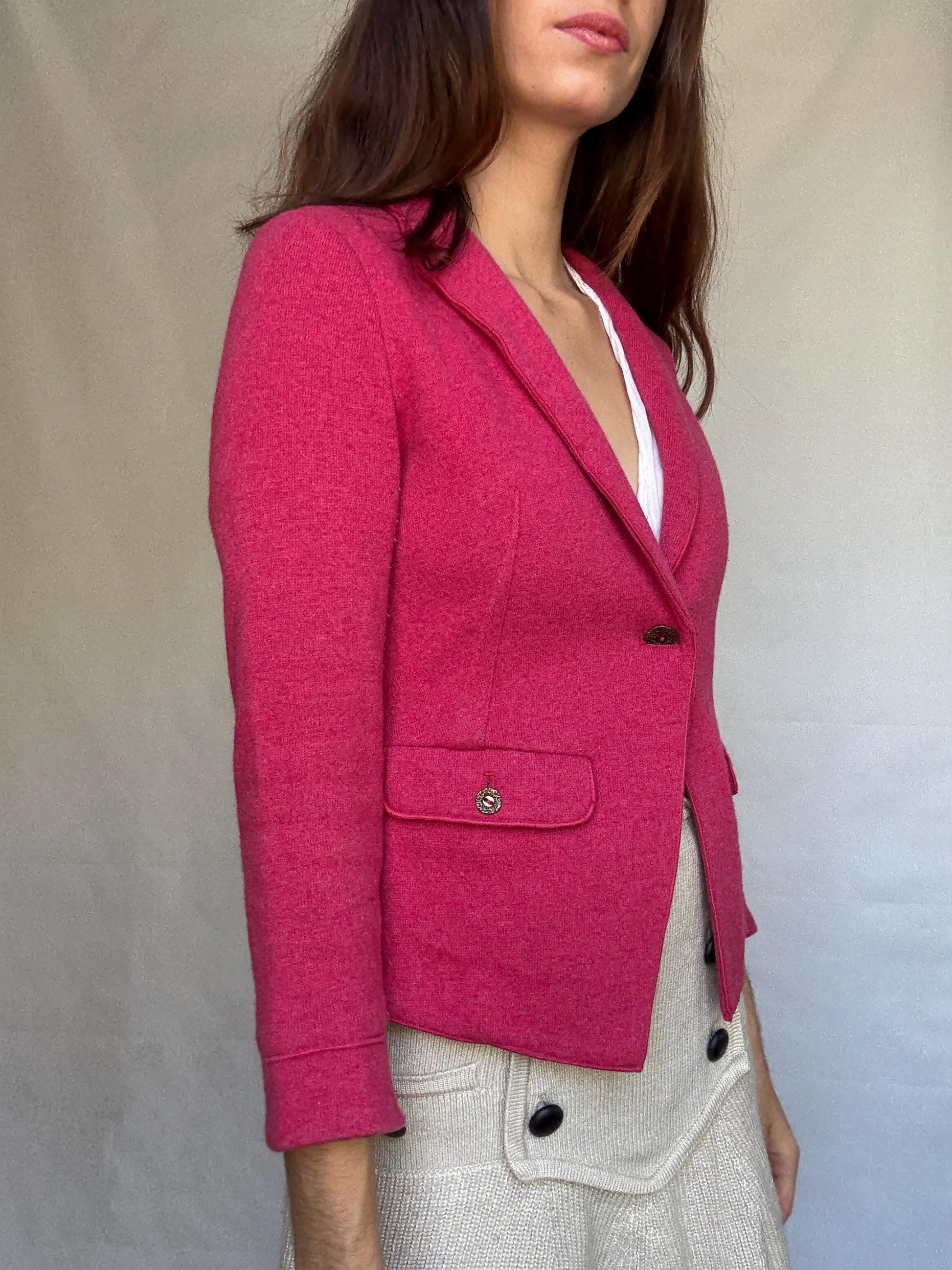 Marella pink blazer, cotton and wool blend, tailored fit, notched lapel, flap pockets, minimalist chic, US XS