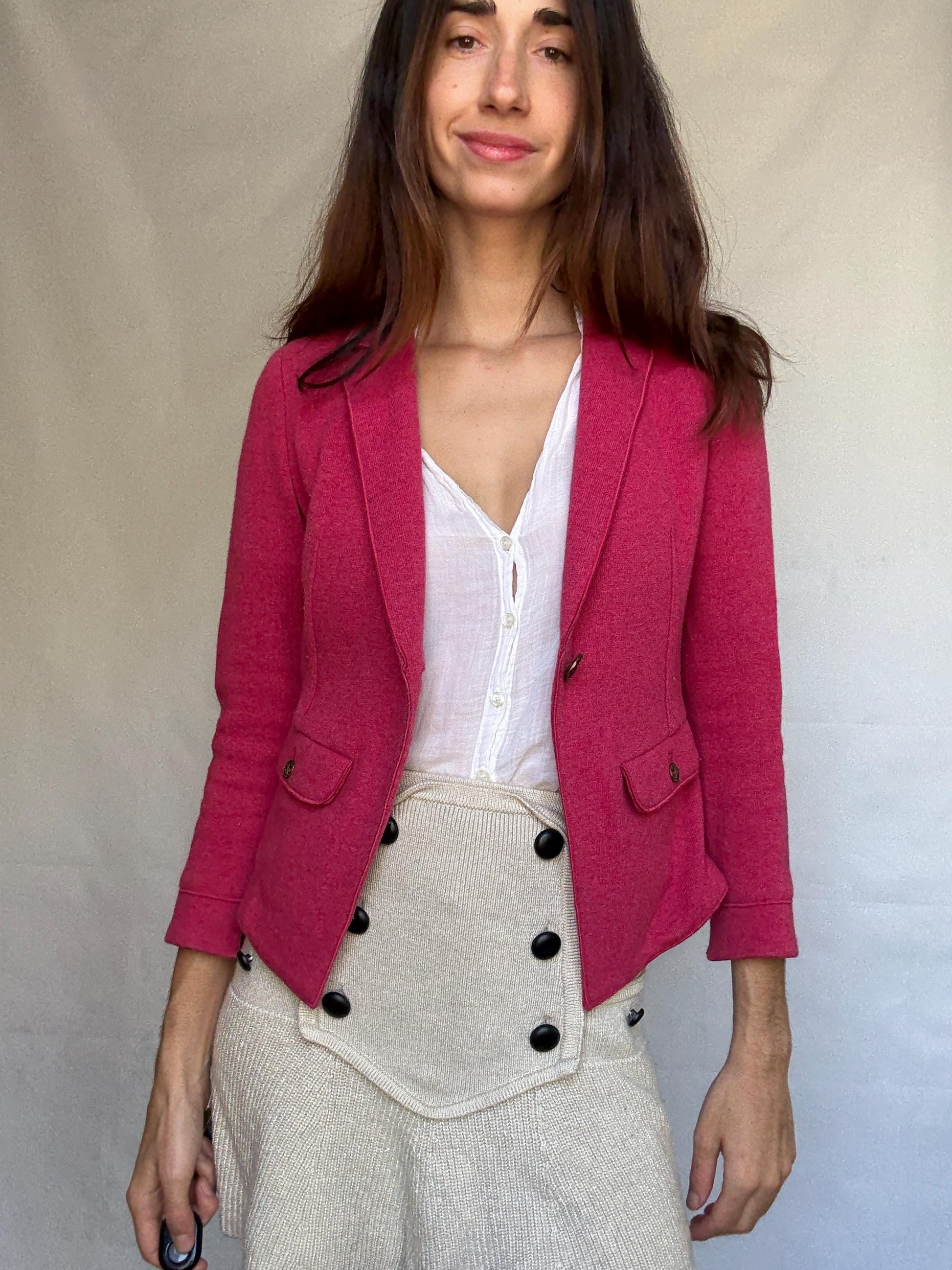 Marella pink blazer, cotton and wool blend, tailored fit, notched lapel, flap pockets, minimalist chic, US XS