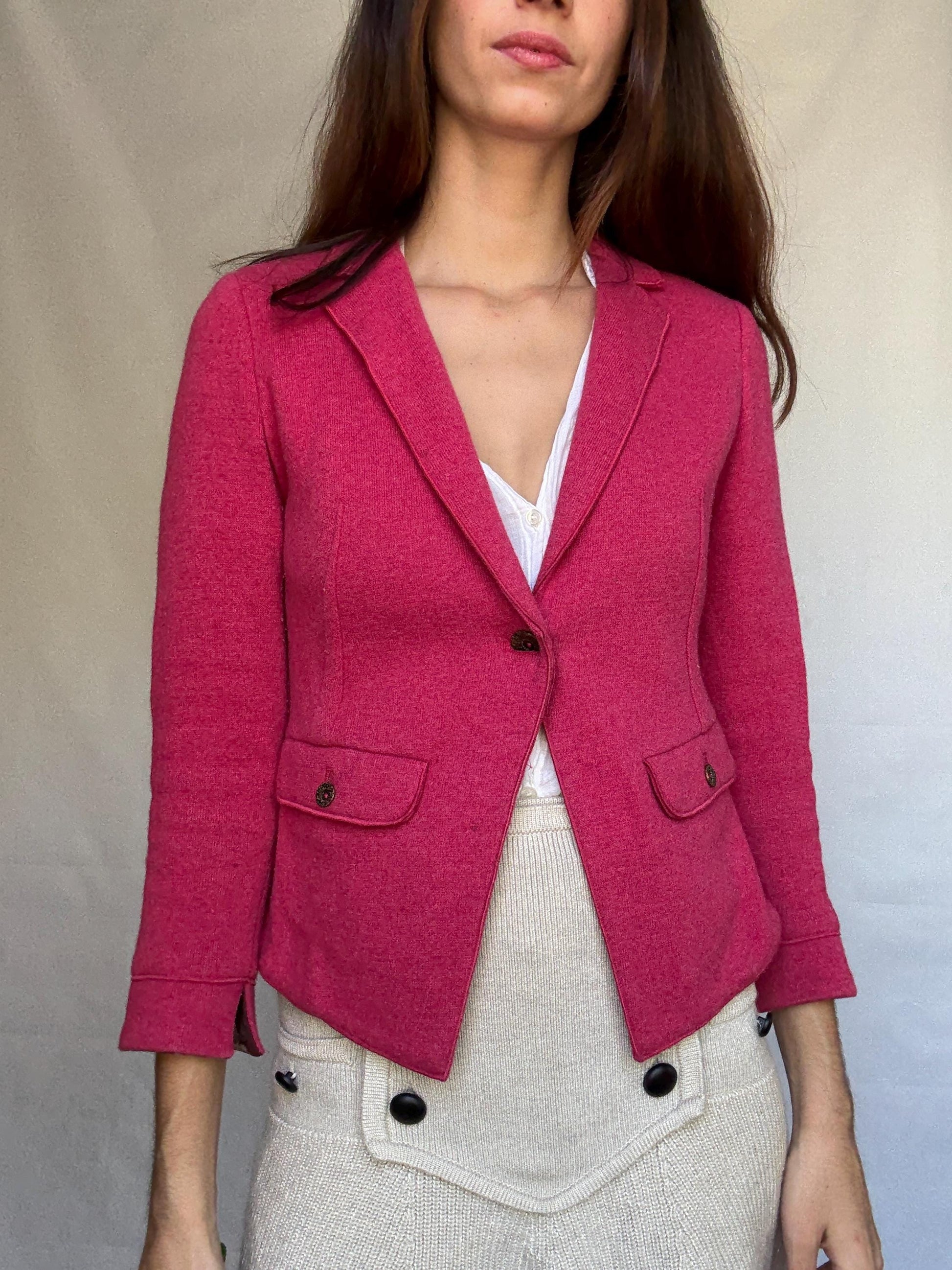 Marella pink blazer, cotton and wool blend, tailored fit, notched lapel, flap pockets, minimalist chic, US XS