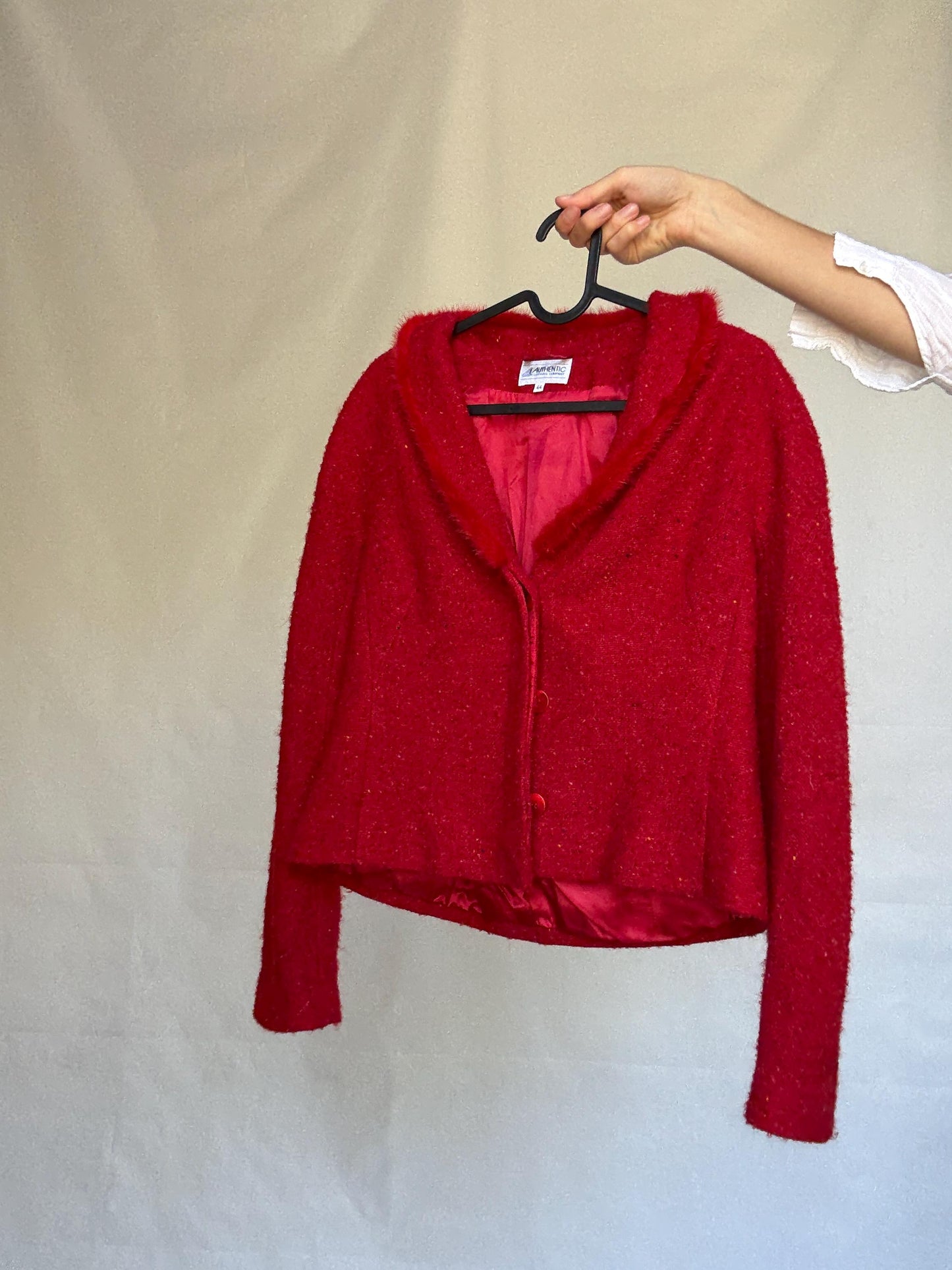 Vintage red Bouclé Jacket Blazer, wool mohair blend, classic cropped fit, button front, vibrant color, vintage 90s, US XL, campus chic