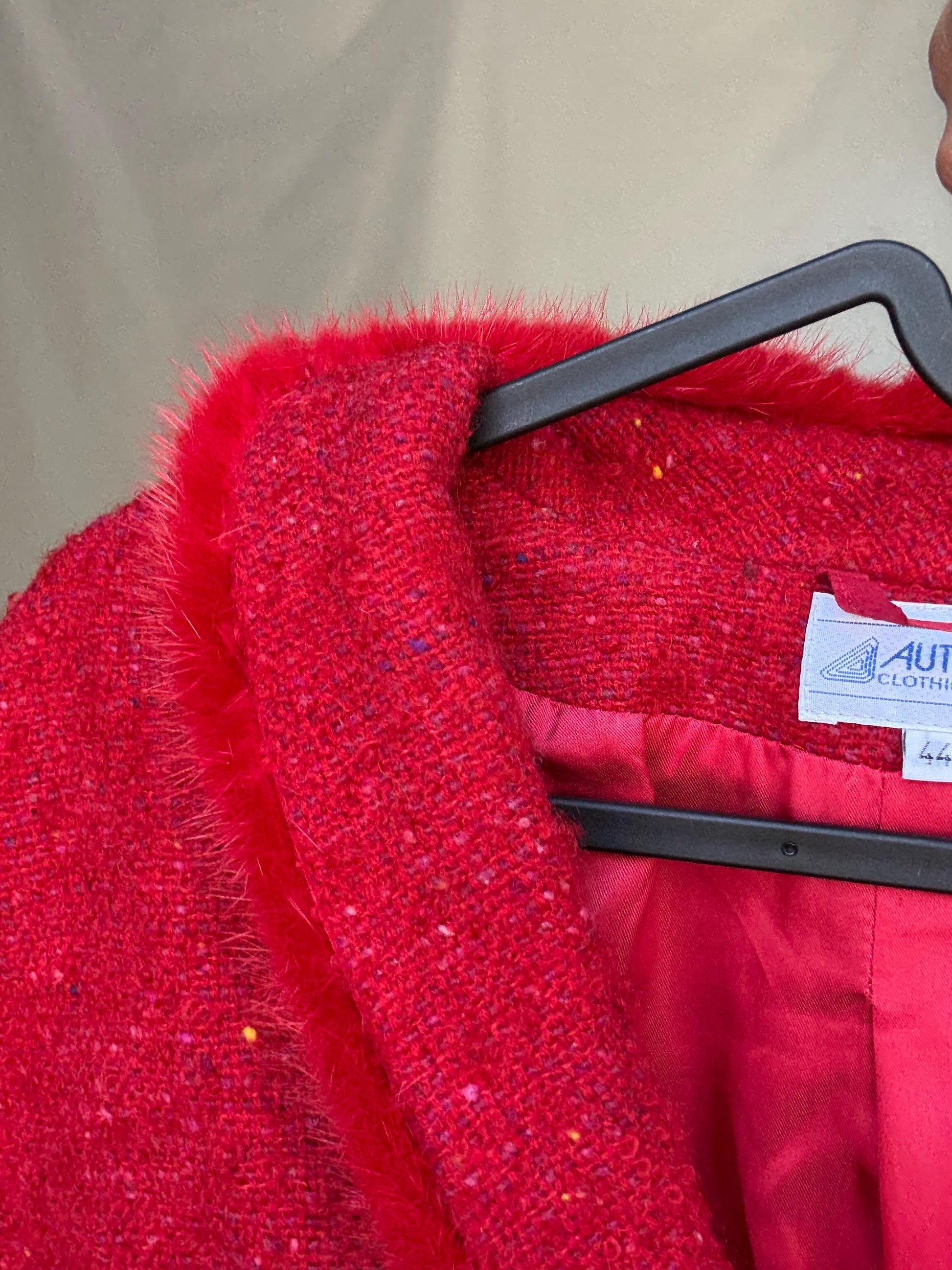 Vintage red Bouclé Jacket Blazer, wool mohair blend, classic cropped fit, button front, vibrant color, vintage 90s, US XL, campus chic