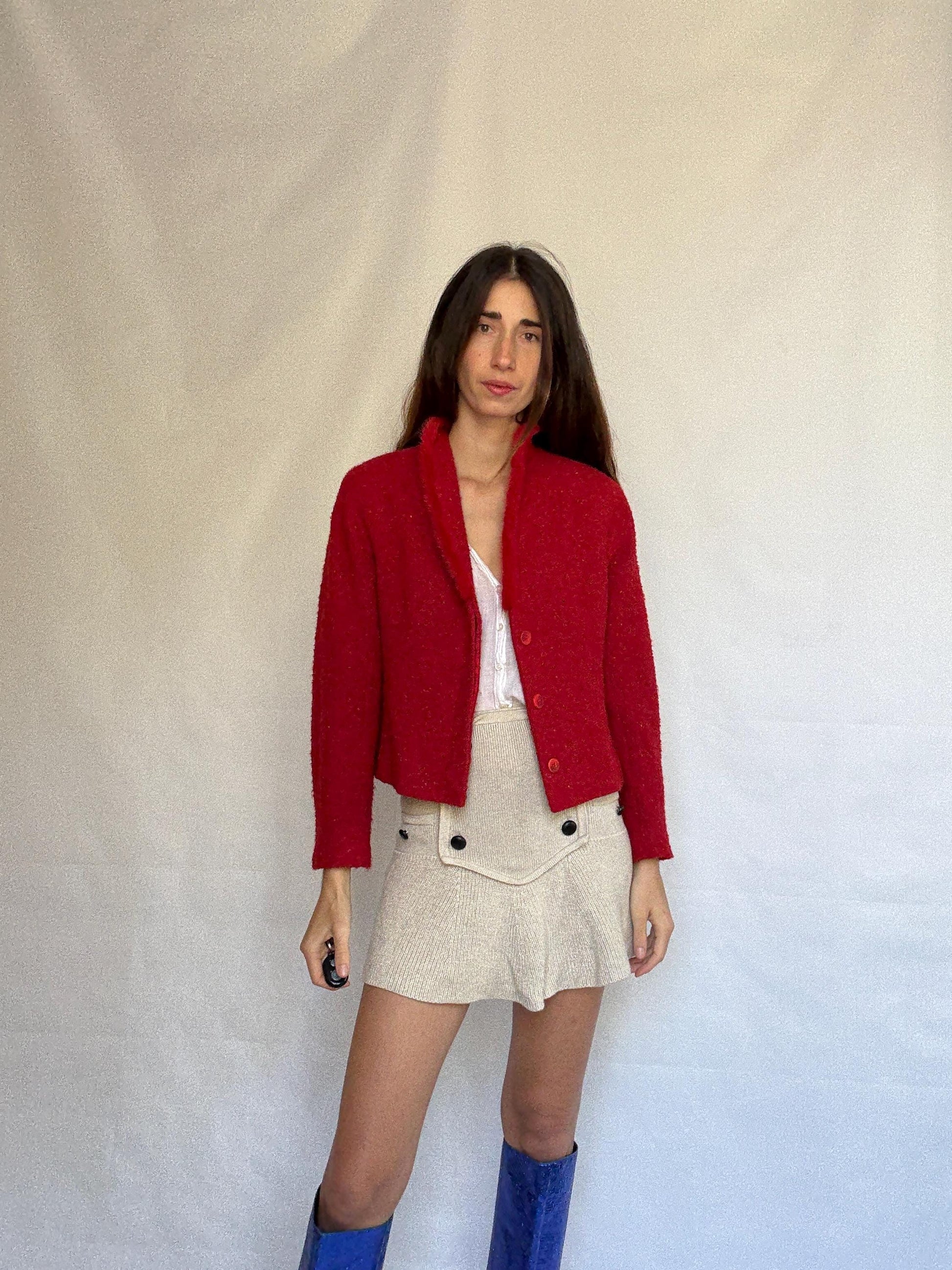 Vintage red Bouclé Jacket Blazer, wool mohair blend, classic cropped fit, button front, vibrant color, vintage 90s, US XL, campus chic