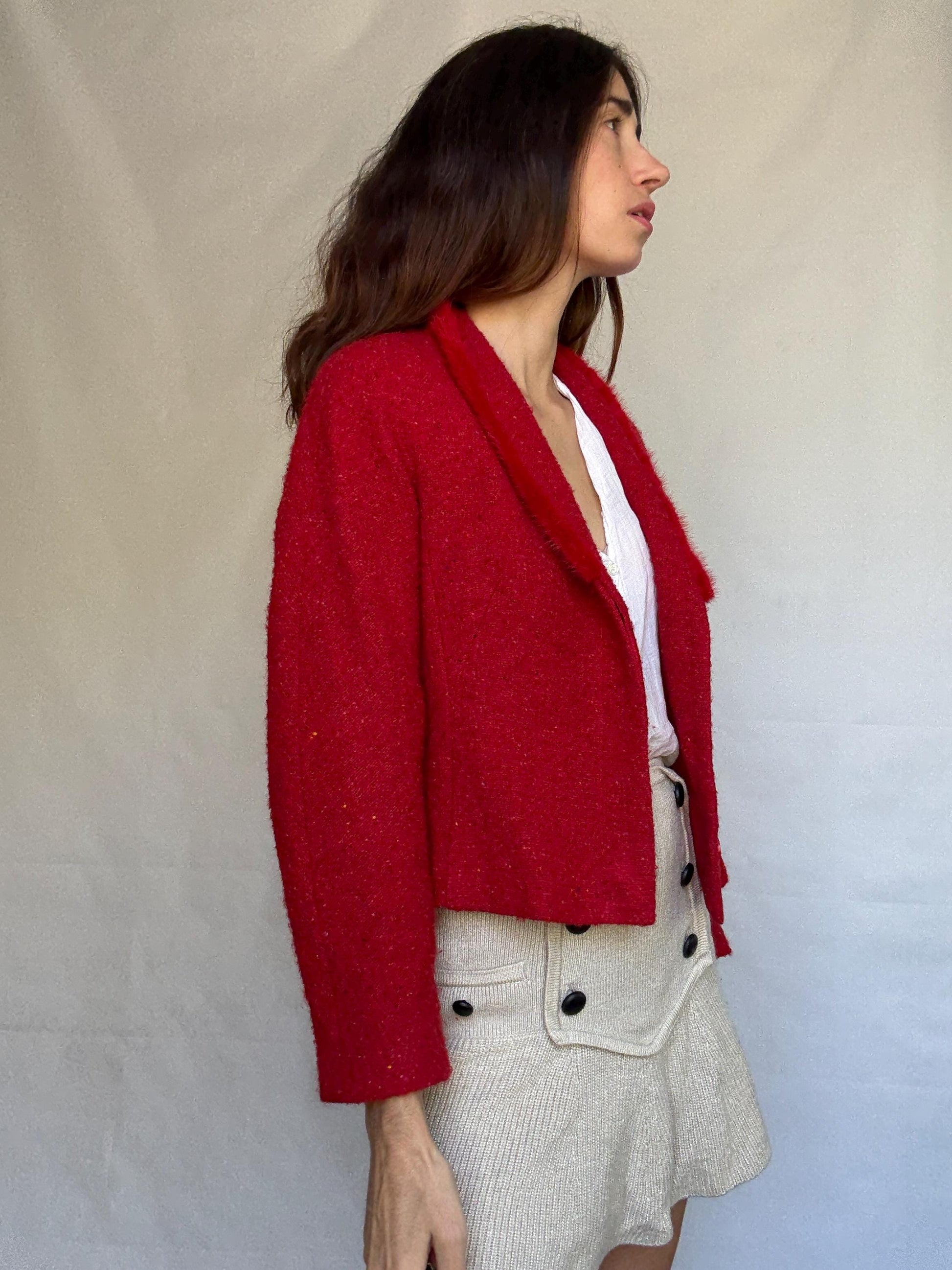 Vintage red Bouclé Jacket Blazer, wool mohair blend, classic cropped fit, button front, vibrant color, vintage 90s, US XL, campus chic