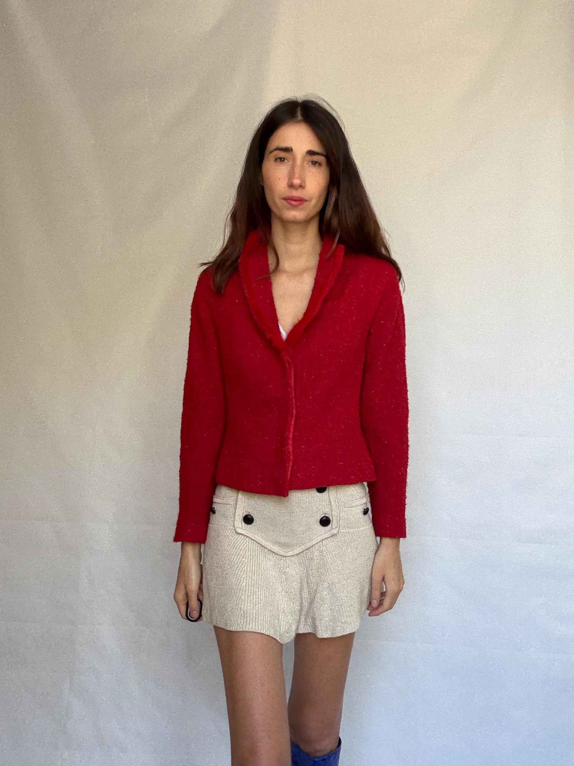 Vintage red Bouclé Jacket Blazer, wool mohair blend, classic cropped fit, button front, vibrant color, vintage 90s, US XL, campus chic