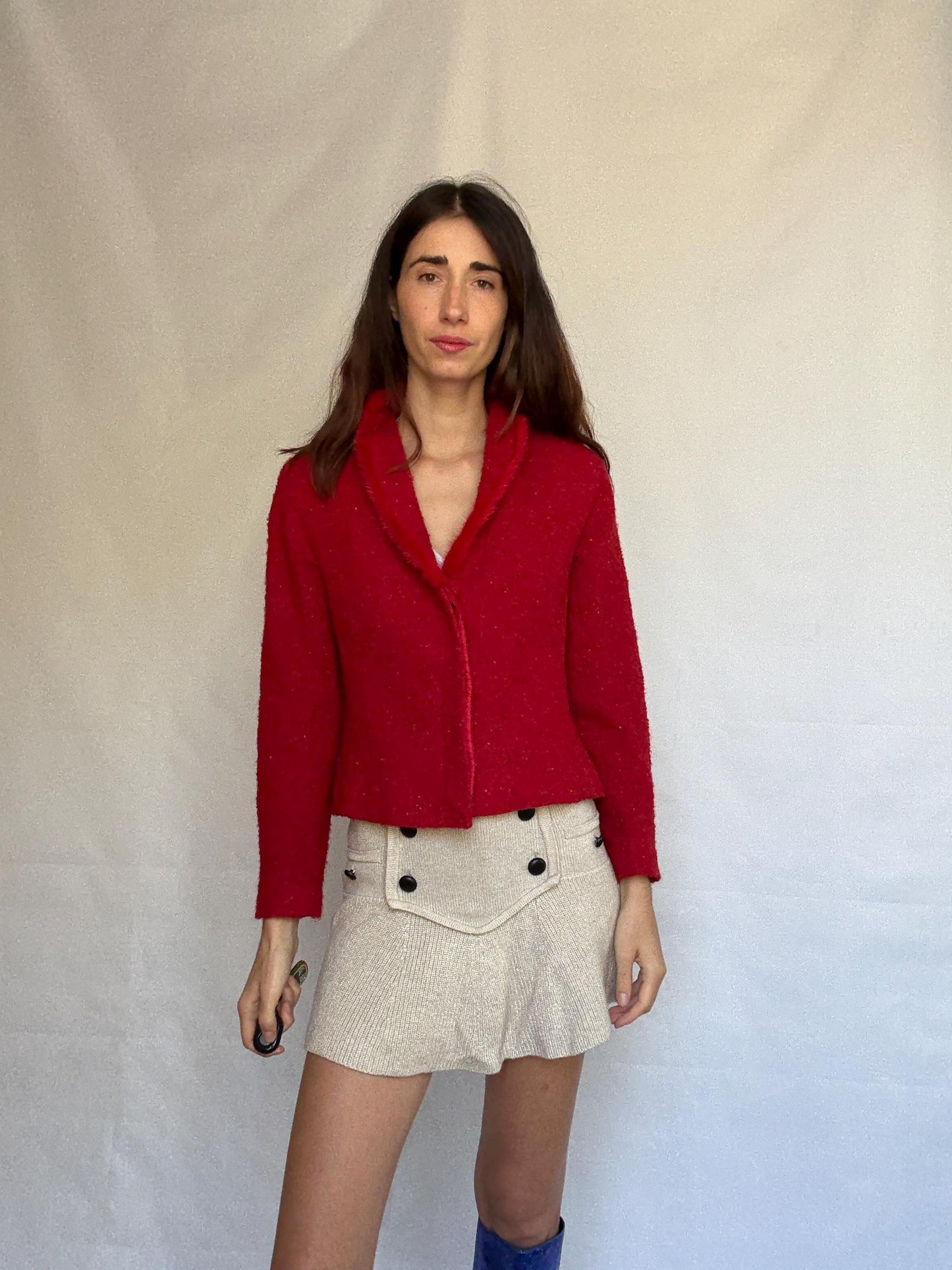 Vintage red Bouclé Jacket Blazer, wool mohair blend, classic cropped fit, button front, vibrant color, vintage 90s, US XL, campus chic