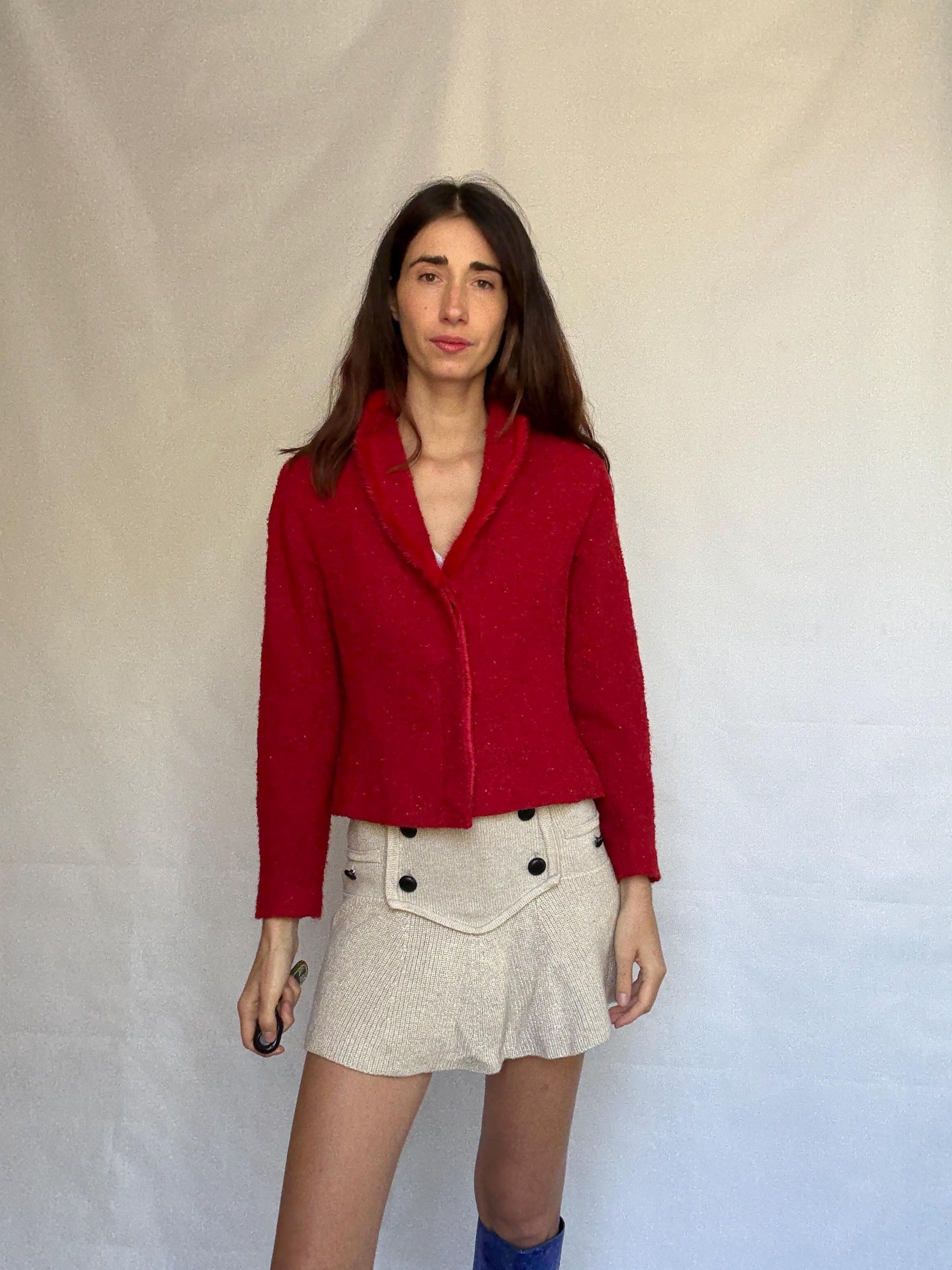 Vintage red Bouclé Jacket Blazer, wool mohair blend, classic cropped fit, button front, vibrant color, vintage 90s, US XL, campus chic
