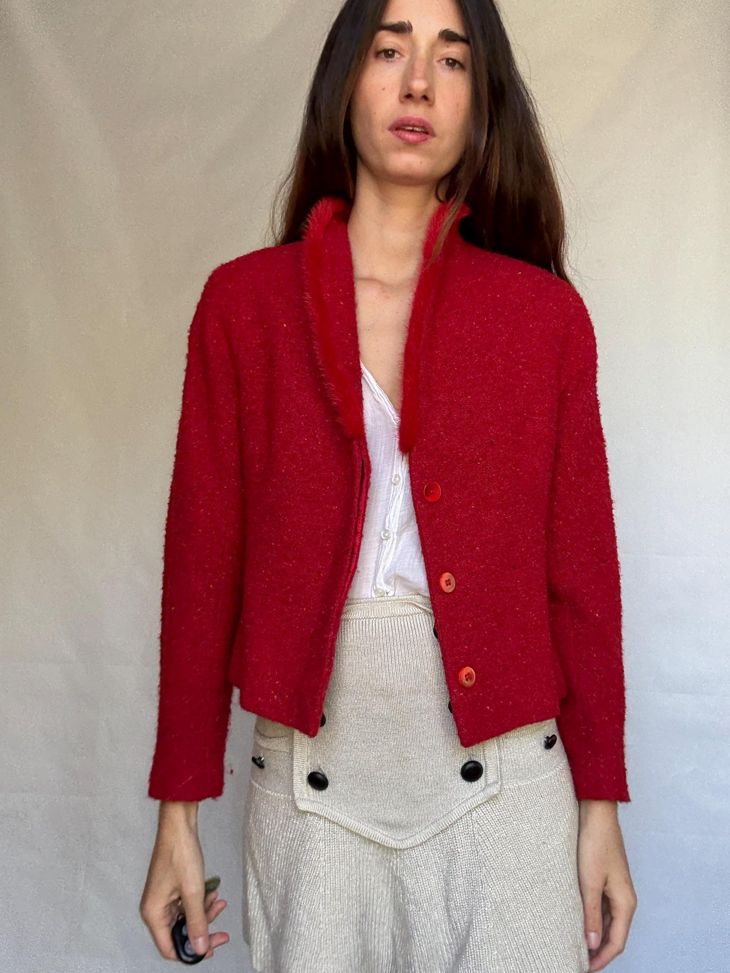Vintage red Bouclé Jacket Blazer, wool mohair blend, classic cropped fit, button front, vibrant color, vintage 90s, US XL, campus chic