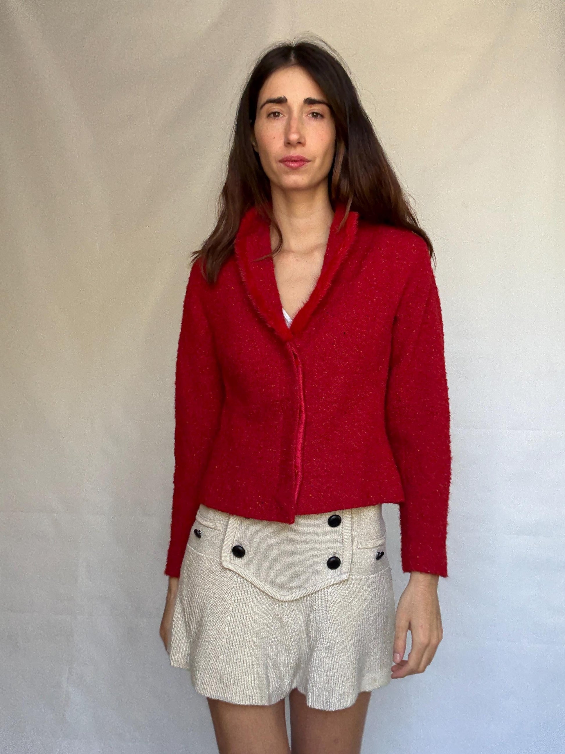 Vintage red Bouclé Jacket Blazer, wool mohair blend, classic cropped fit, button front, vibrant color, vintage 90s, US XL, campus chic