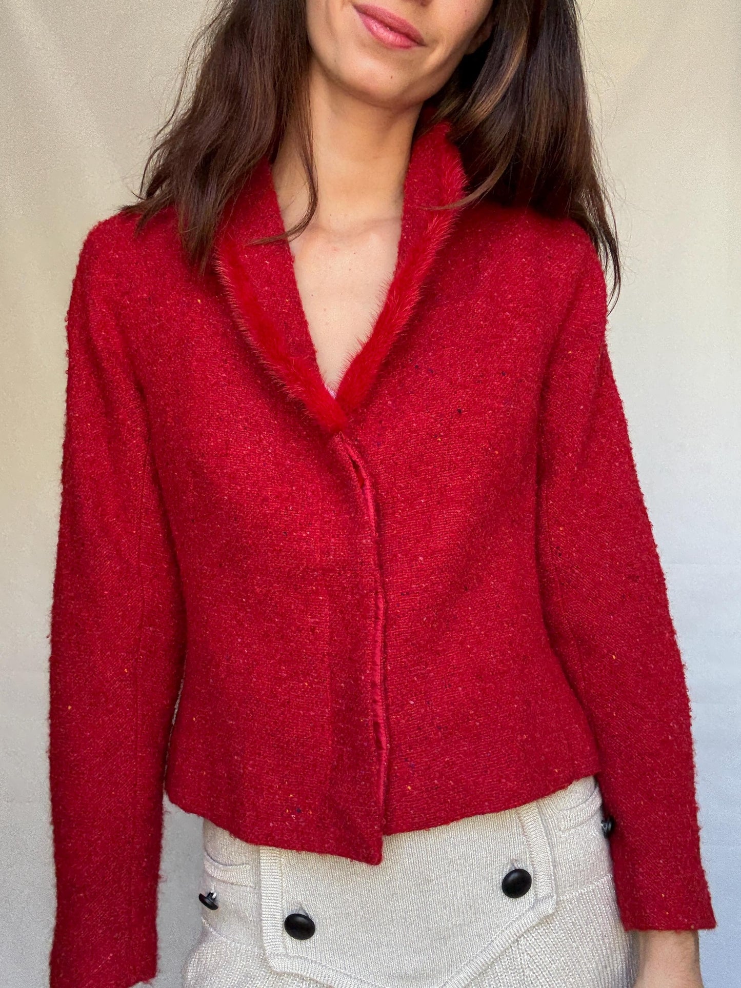 Vintage red Bouclé Jacket Blazer, wool mohair blend, classic cropped fit, button front, vibrant color, vintage 90s, US XL, campus chic