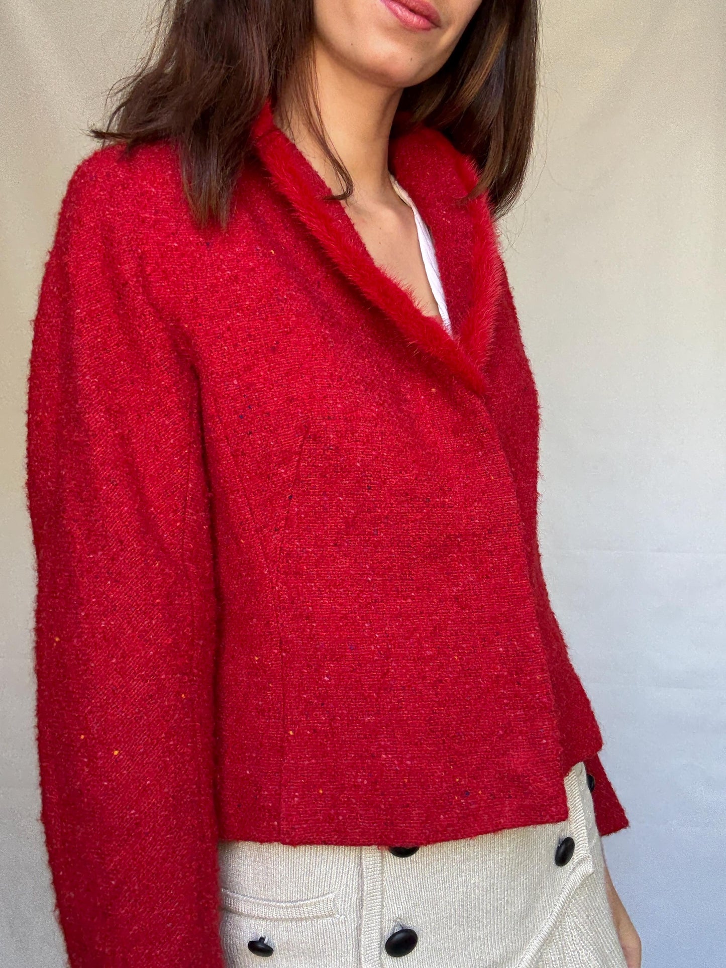 Vintage red Bouclé Jacket Blazer, wool mohair blend, classic cropped fit, button front, vibrant color, vintage 90s, US XL, campus chic