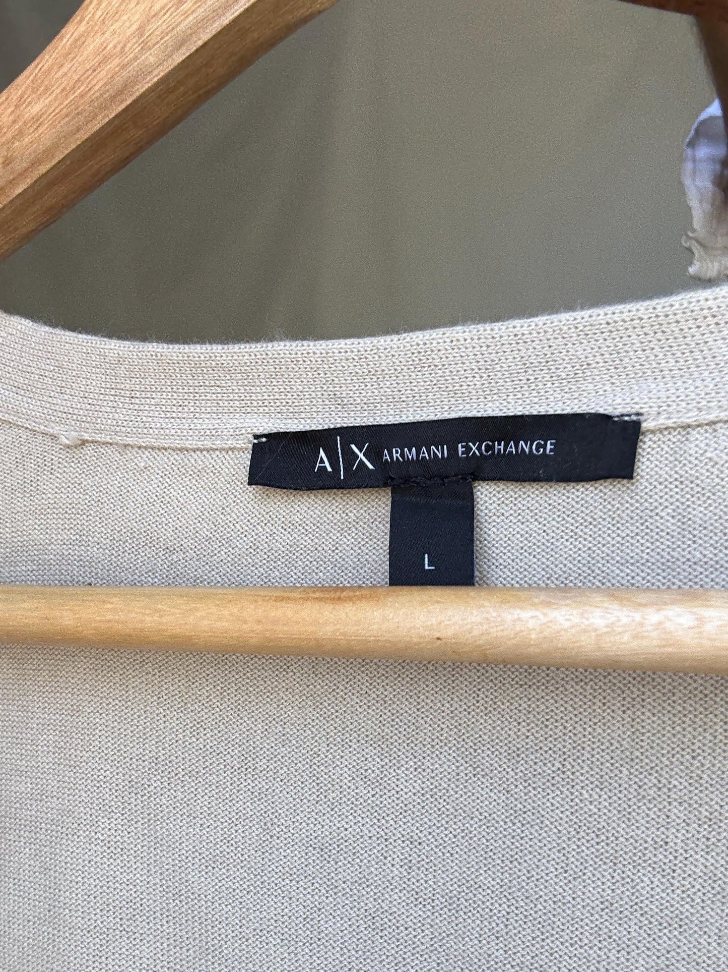 Armani Exchange beige cardigan, 100% cotton, open, front style, ribbed cuffs and hem, minimalist Sofia Richie Grainge style, US XL