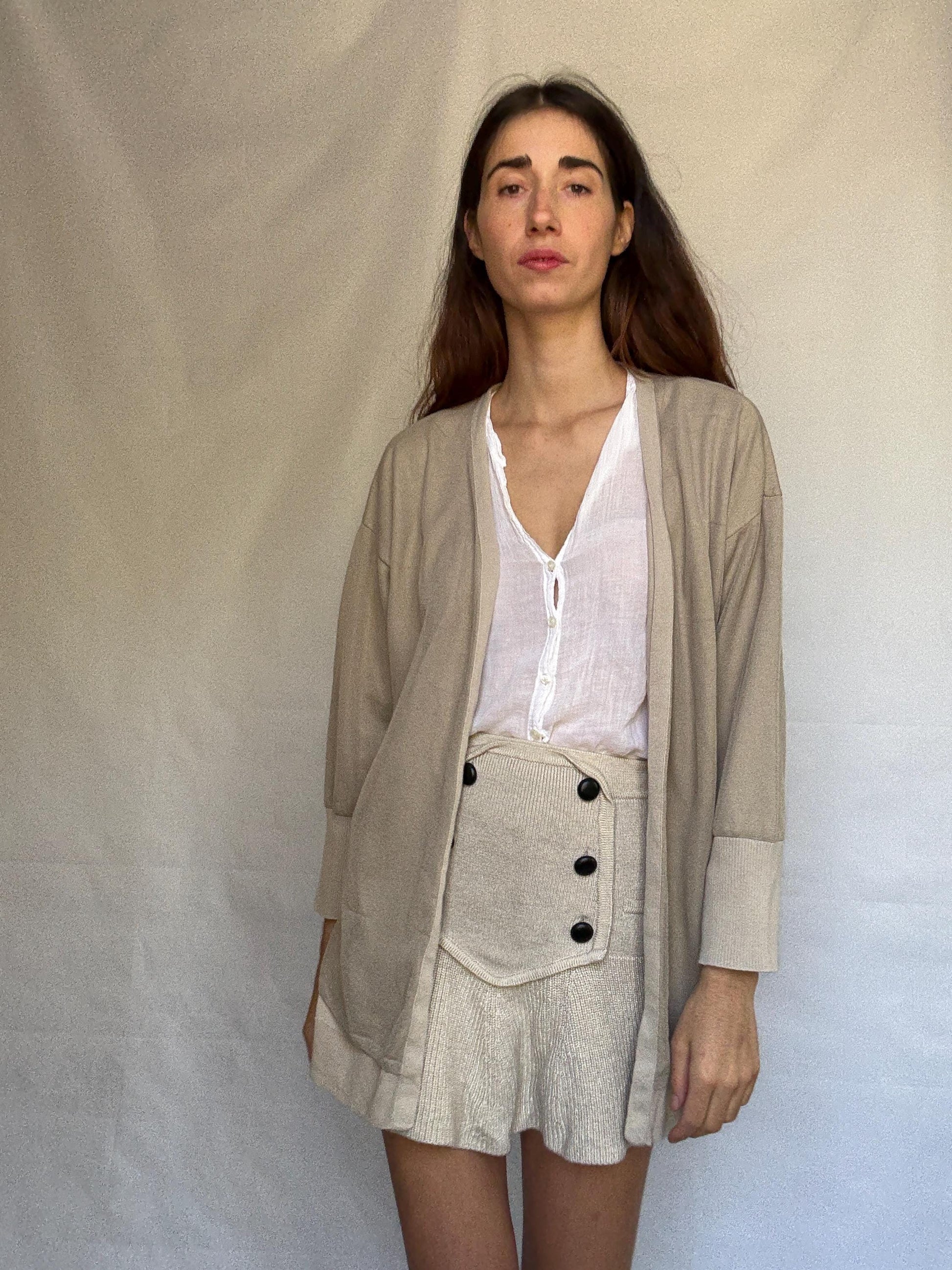 Armani Exchange beige cardigan, 100% cotton, open, front style, ribbed cuffs and hem, minimalist Sofia Richie Grainge style, US XL