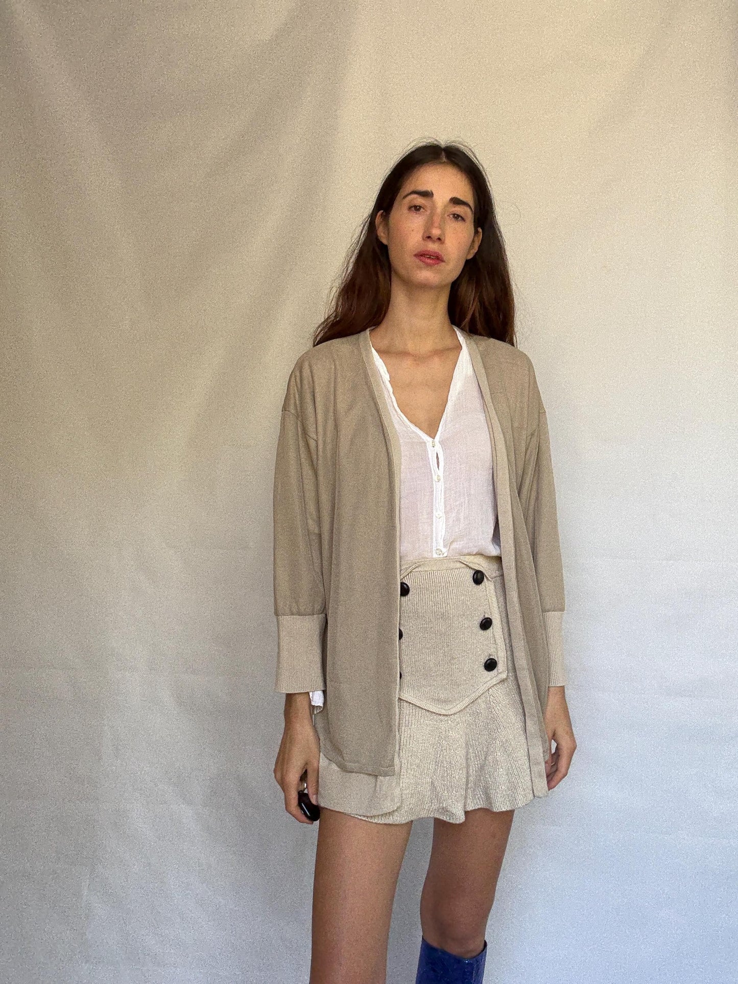 Armani Exchange beige cardigan, 100% cotton, open, front style, ribbed cuffs and hem, minimalist Sofia Richie Grainge style, US XL