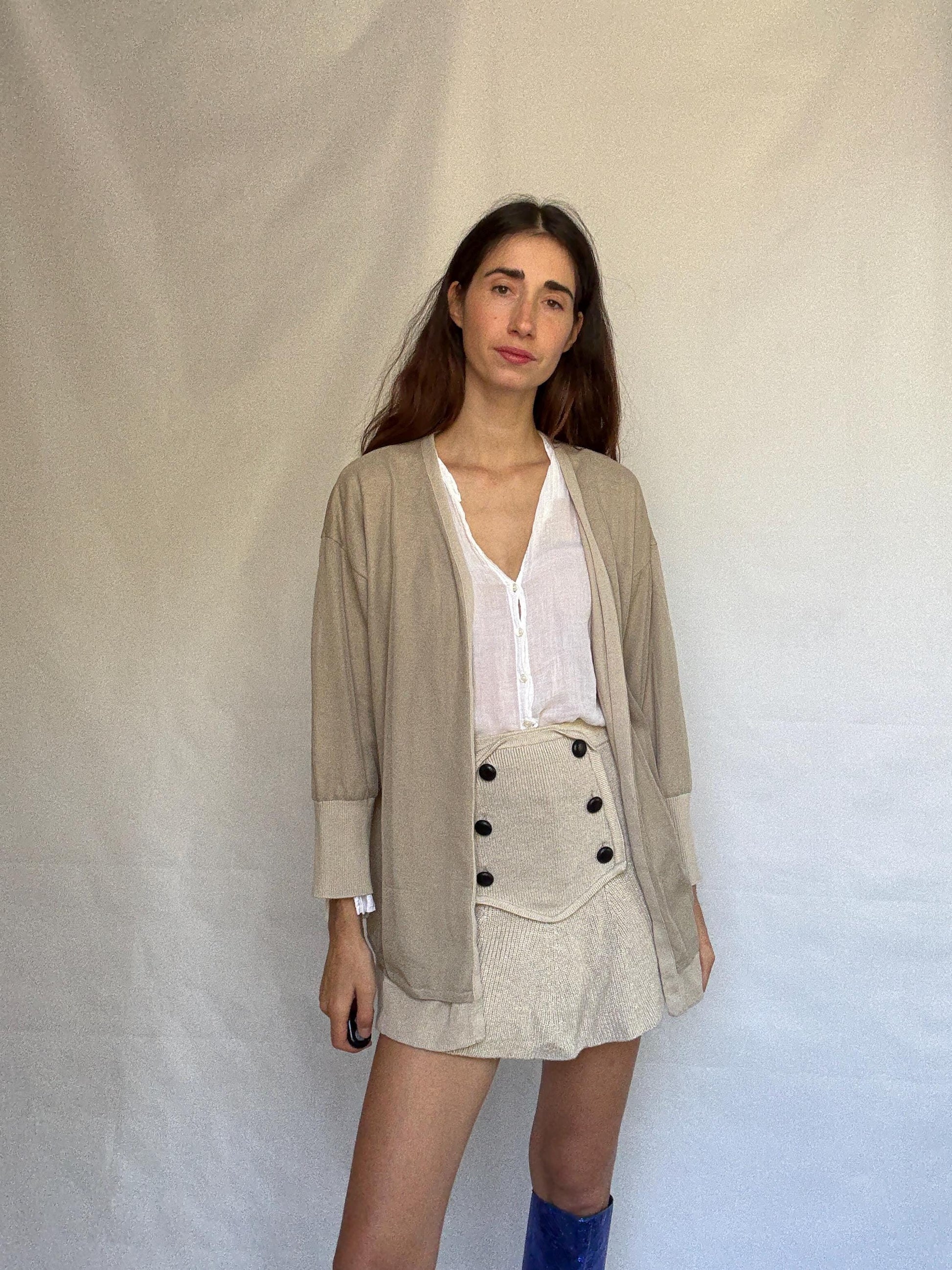 Armani Exchange beige cardigan, 100% cotton, open, front style, ribbed cuffs and hem, minimalist Sofia Richie Grainge style, US XL