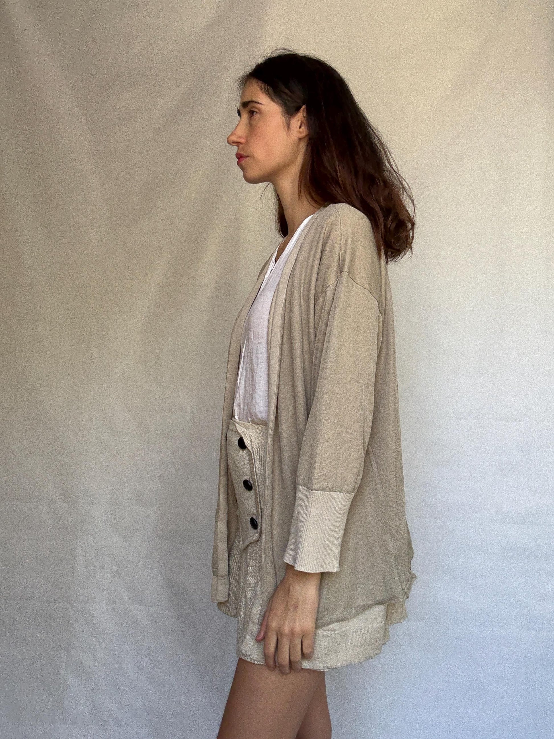 Armani Exchange beige cardigan, 100% cotton, open, front style, ribbed cuffs and hem, minimalist Sofia Richie Grainge style, US XL