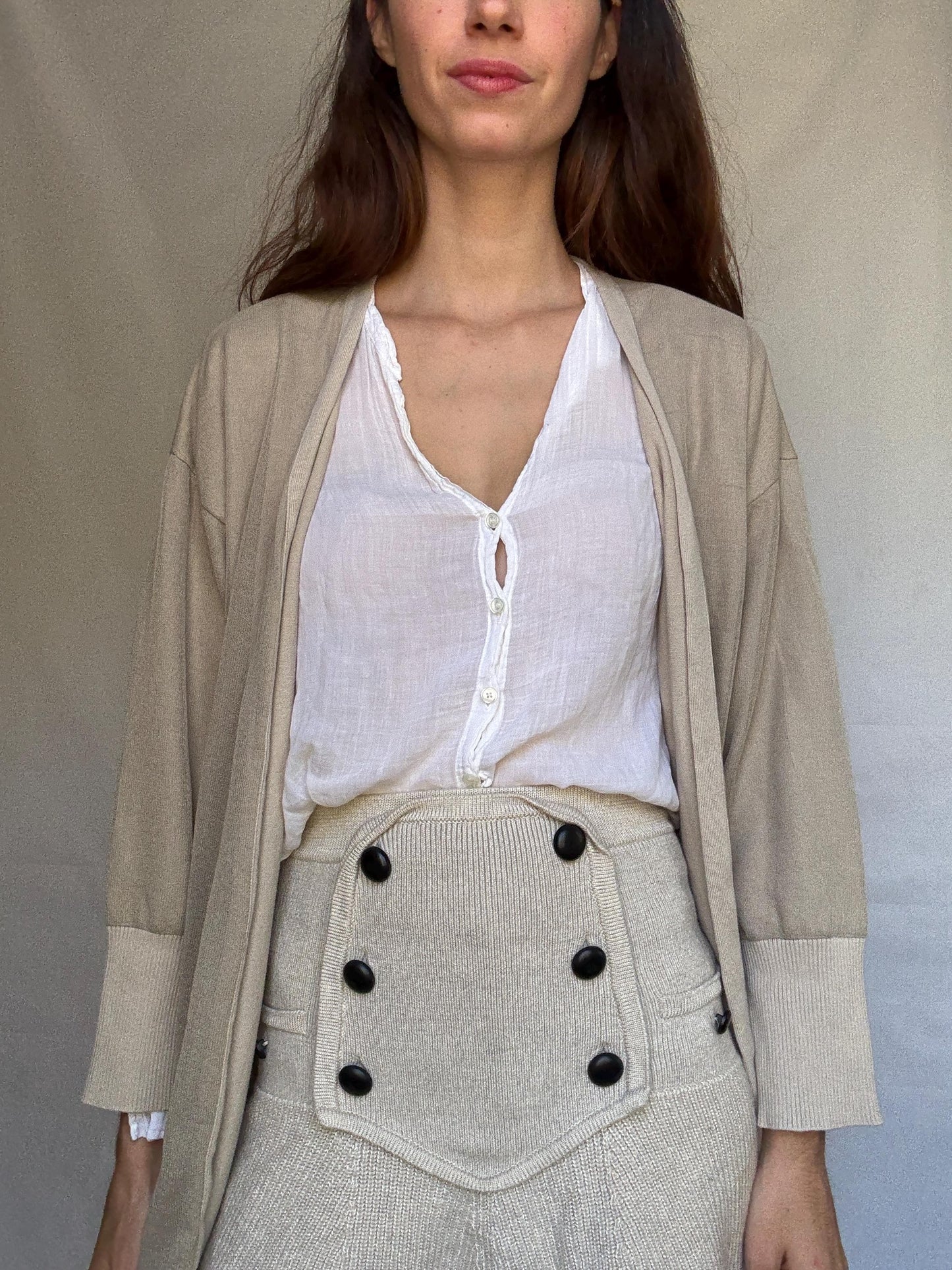 Armani Exchange beige cardigan, 100% cotton, open, front style, ribbed cuffs and hem, minimalist Sofia Richie Grainge style, US XL