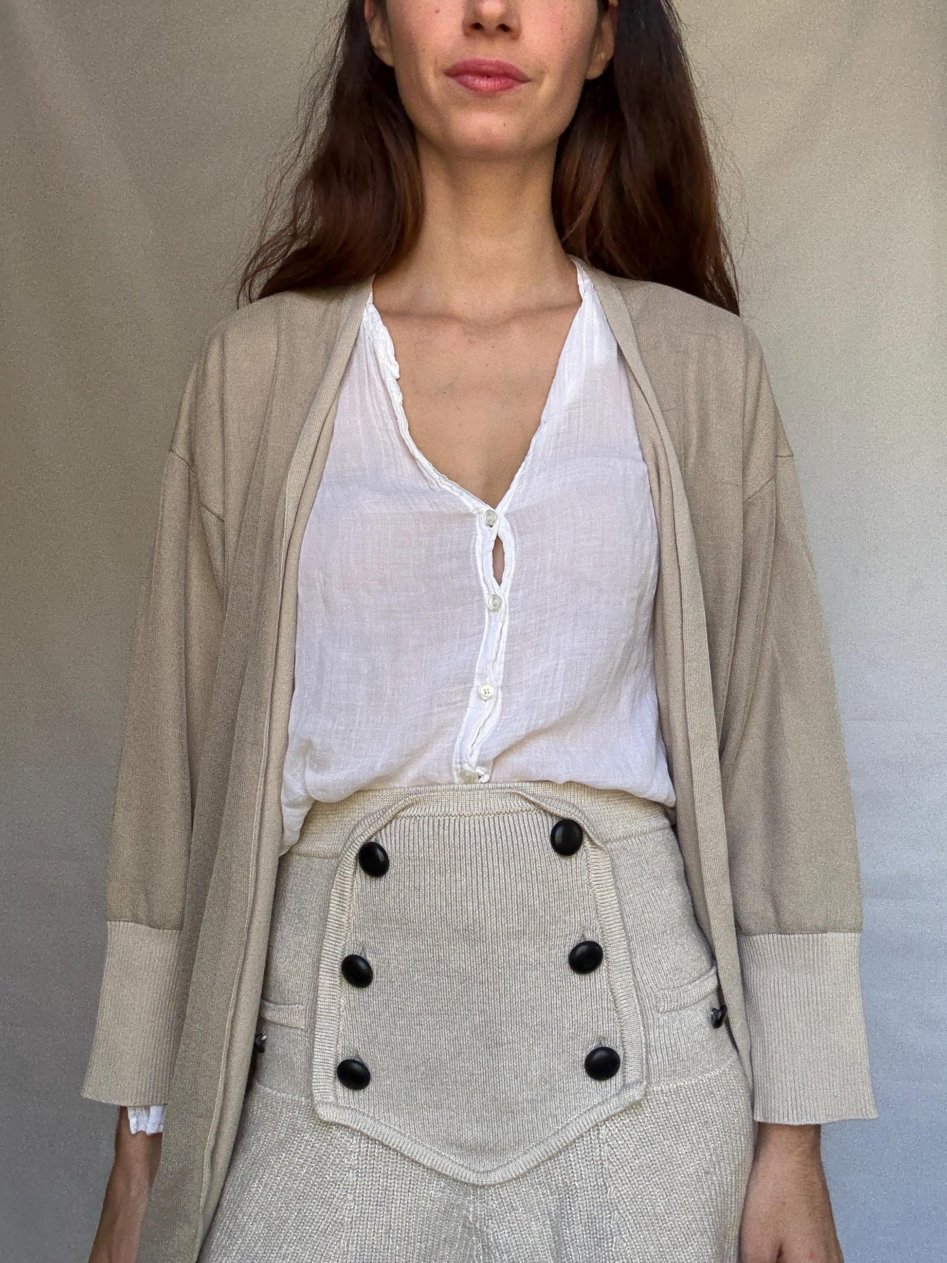 Armani Exchange beige cardigan, 100% cotton, open, front style, ribbed cuffs and hem, minimalist Sofia Richie Grainge style, US XL