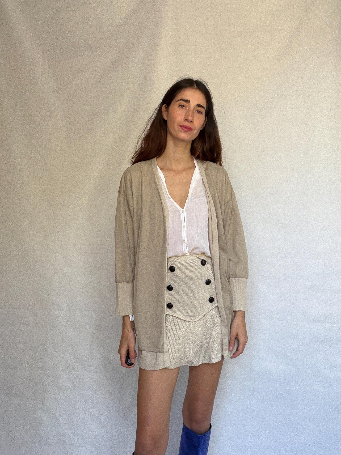 Armani Exchange beige cardigan, 100% cotton, open, front style, ribbed cuffs and hem, minimalist Sofia Richie Grainge style, US XL