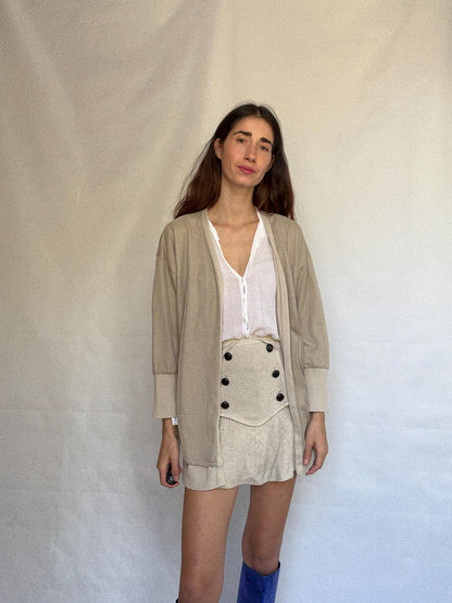 Beige Cotton Cardigan with Ribbed Detailing