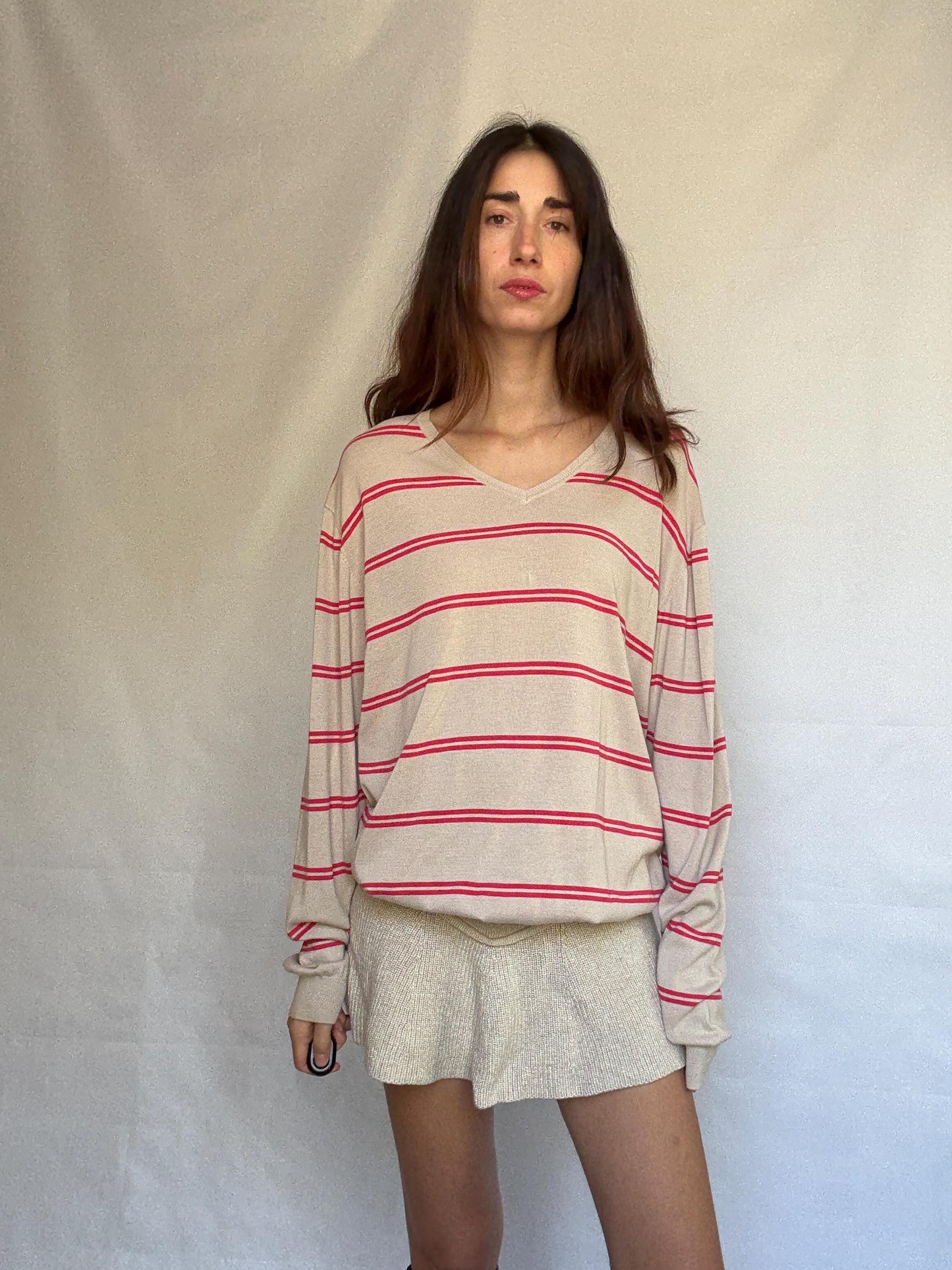 Massimo Dutti beige striped jumper, 100% extra fine cotton, ribbed cuffs and hem, minimalist Ashley Olsen vibe, US XL, casual streetwear