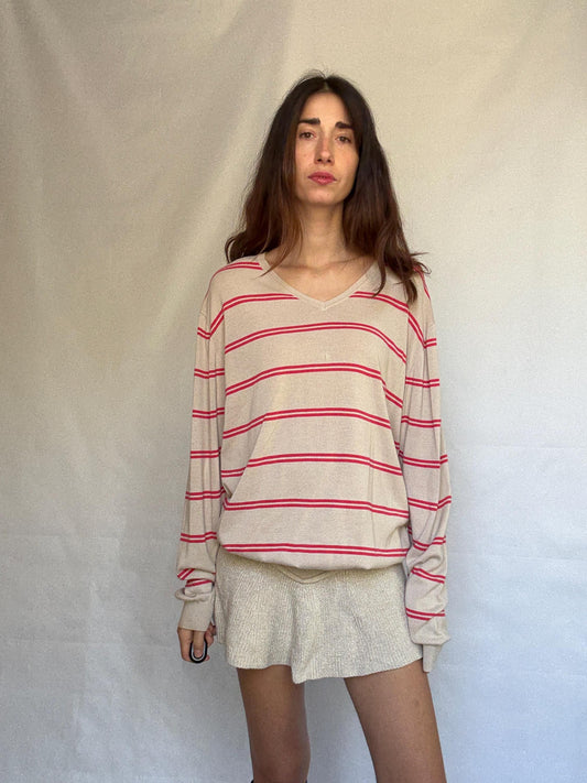 Massimo Dutti beige striped jumper, 100% extra fine cotton, ribbed cuffs and hem, minimalist Ashley Olsen vibe, US XL, casual streetwear