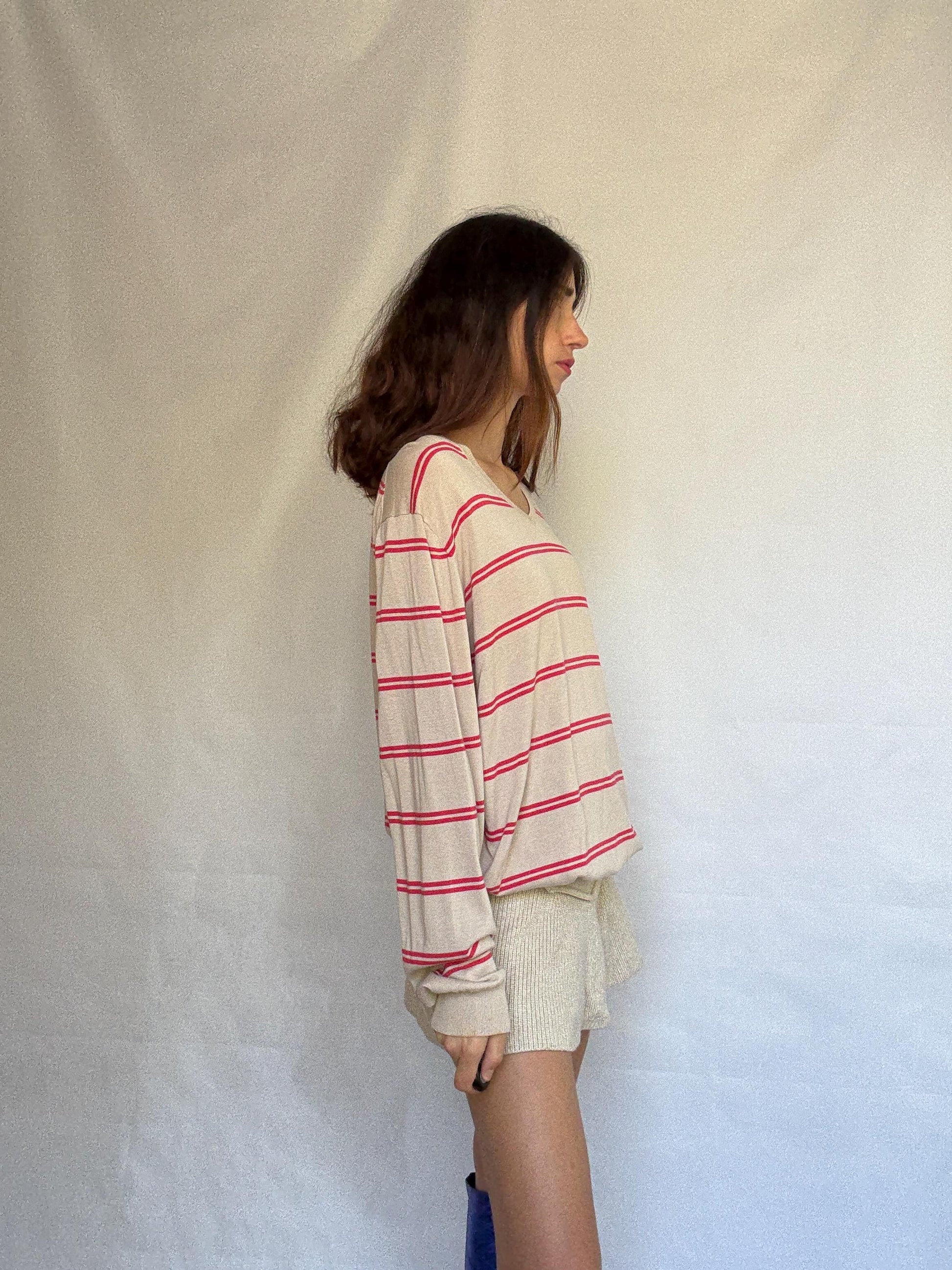 Massimo Dutti beige striped jumper, 100% extra fine cotton, ribbed cuffs and hem, minimalist Ashley Olsen vibe, US XL, casual streetwear