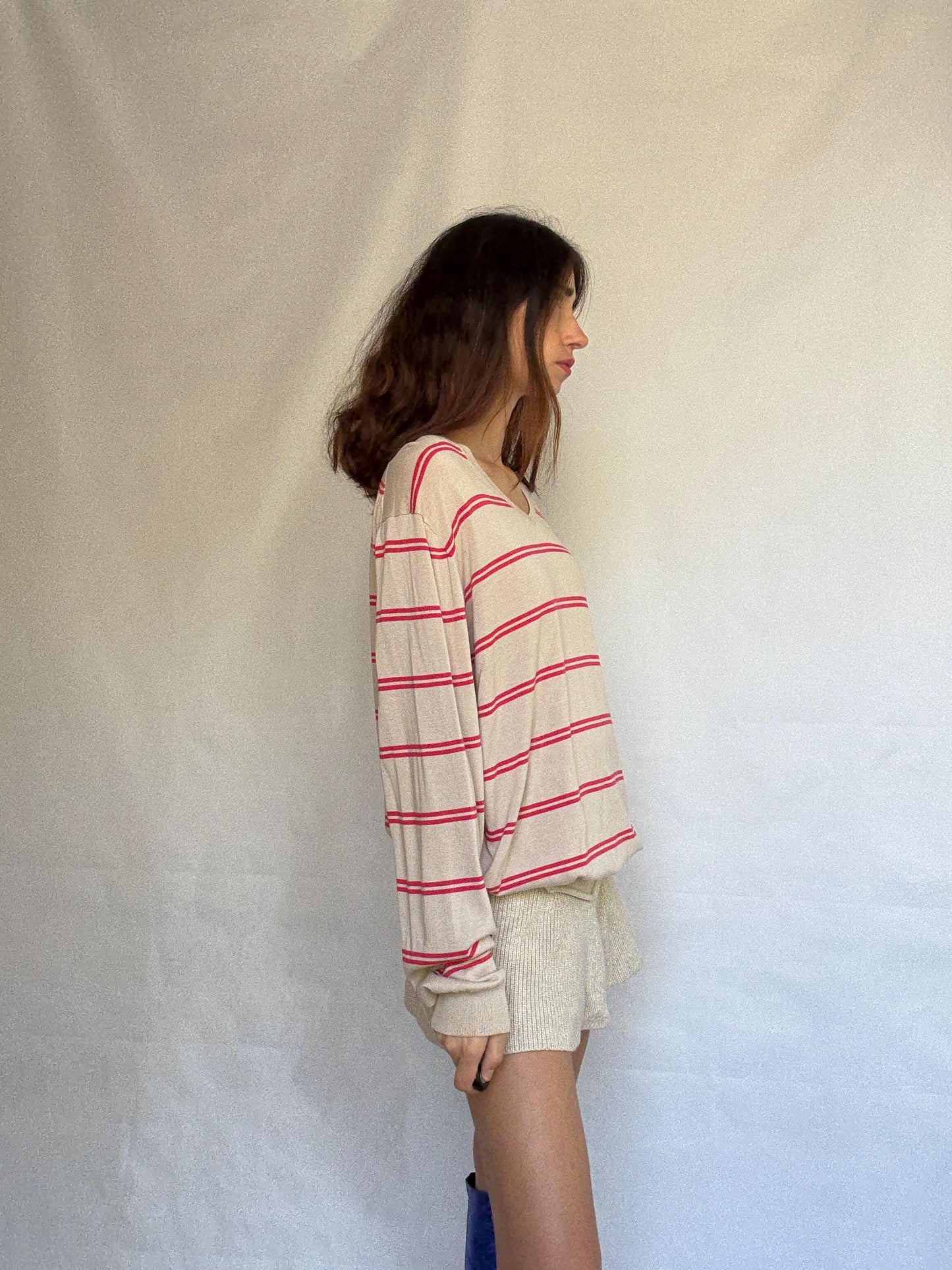 Beige Striped Cotton Jumper With Ribbed Cuffs — back view