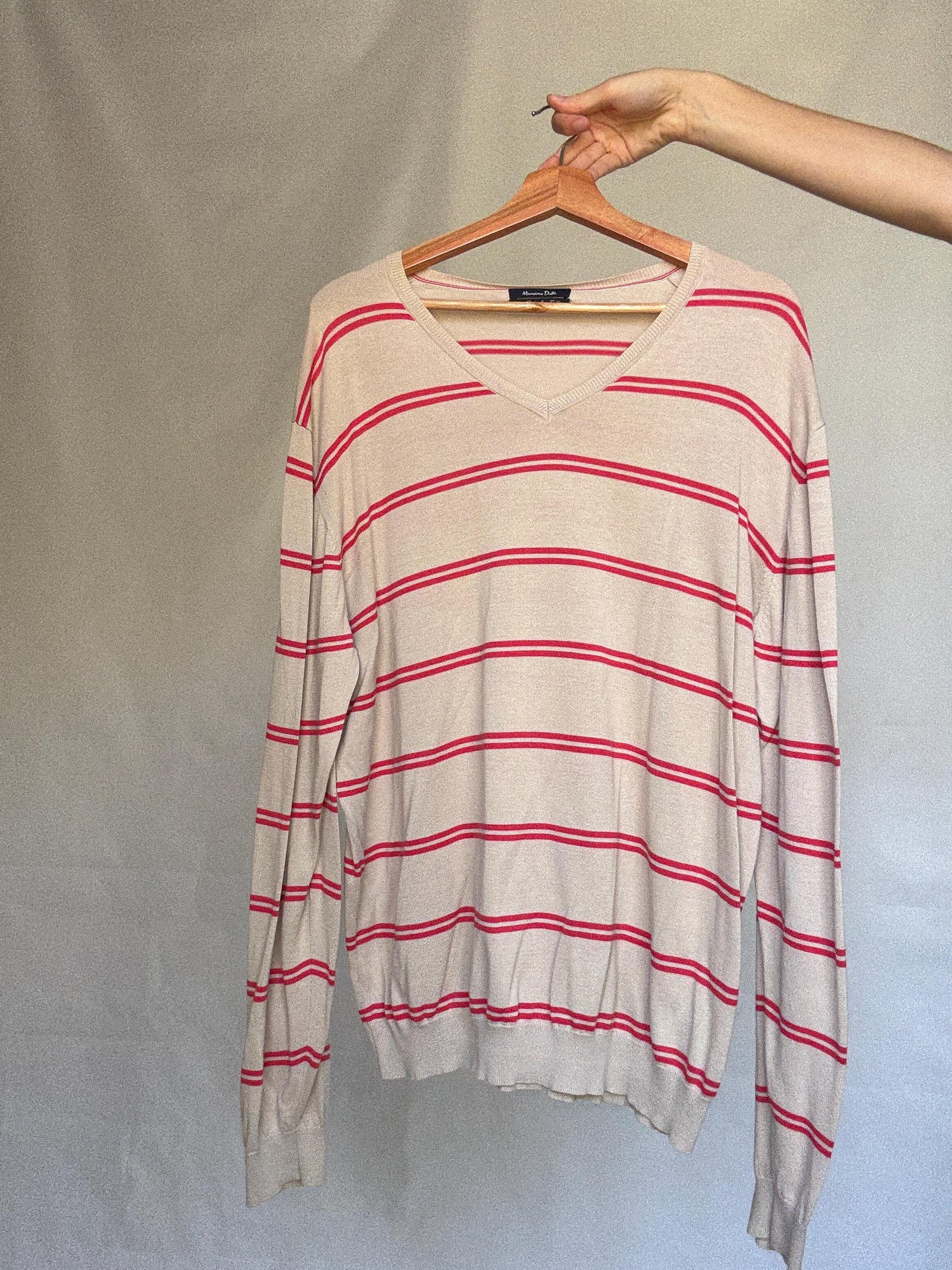 Massimo Dutti beige striped jumper, 100% extra fine cotton, ribbed cuffs and hem, minimalist Ashley Olsen vibe, US XL, casual streetwear