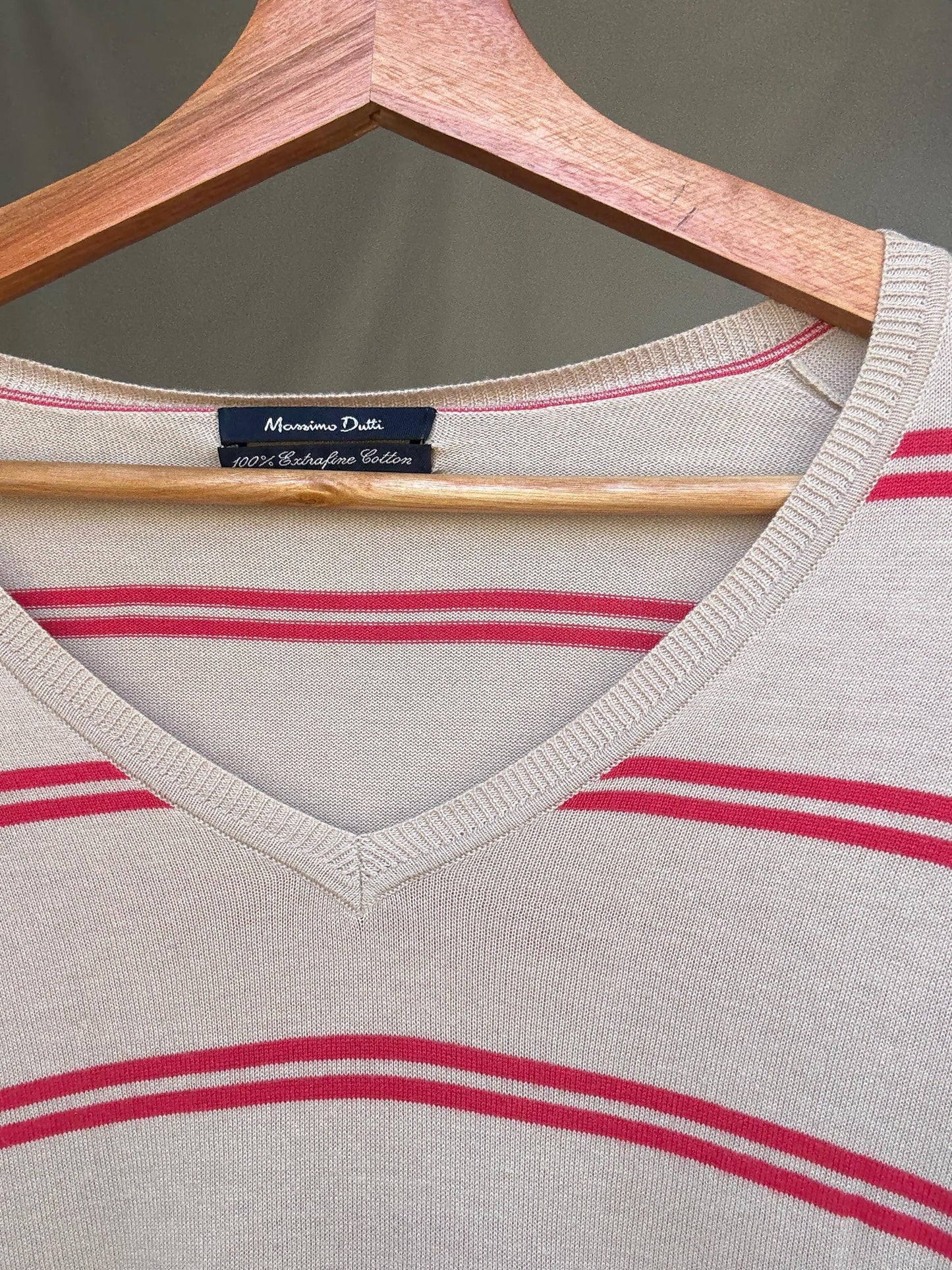 Massimo Dutti beige striped jumper, 100% extra fine cotton, ribbed cuffs and hem, minimalist Ashley Olsen vibe, US XL, casual streetwear