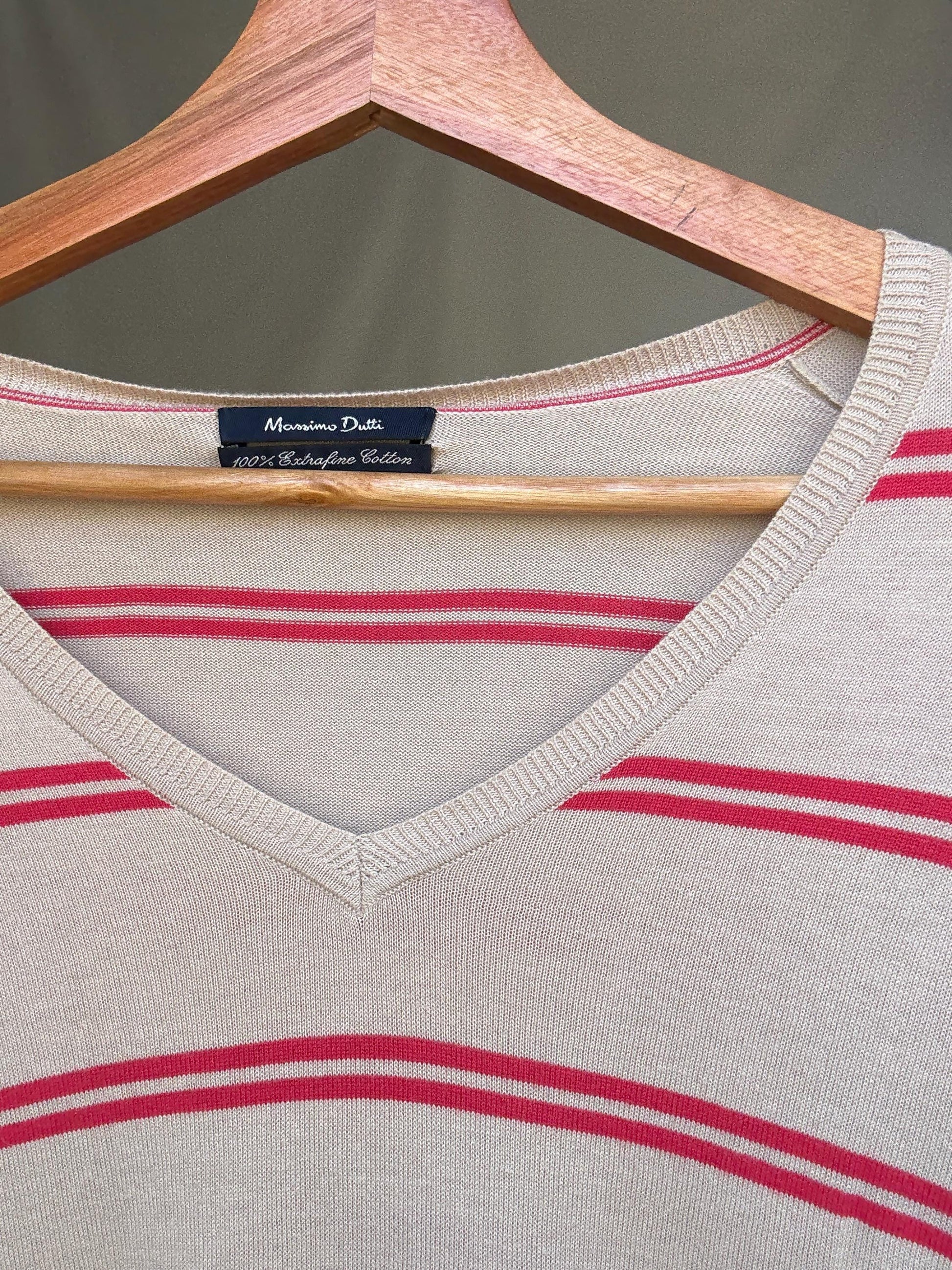 Massimo Dutti beige striped jumper, 100% extra fine cotton, ribbed cuffs and hem, minimalist Ashley Olsen vibe, US XL, casual streetwear