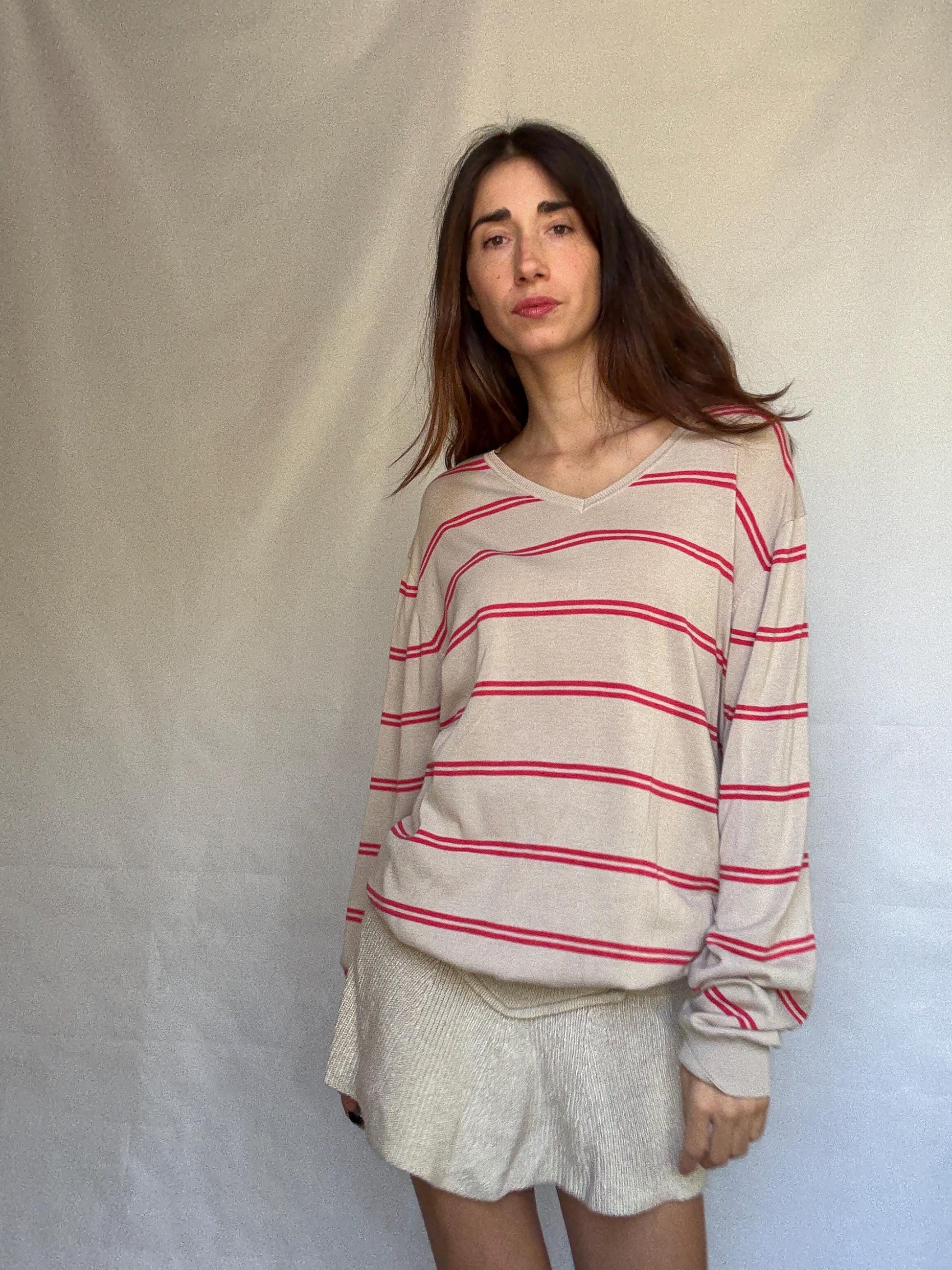 Massimo Dutti beige striped jumper, 100% extra fine cotton, ribbed cuffs and hem, minimalist Ashley Olsen vibe, US XL, casual streetwear