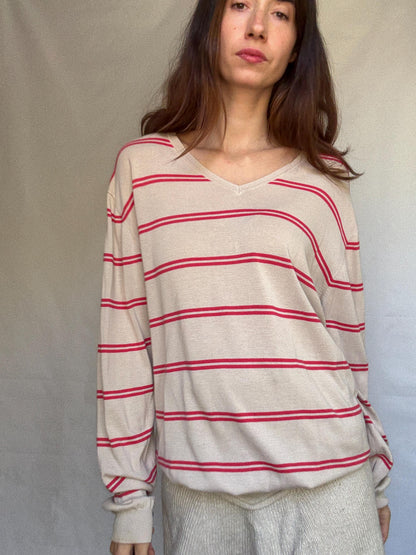 Beige Striped Cotton Jumper With Ribbed Cuffs