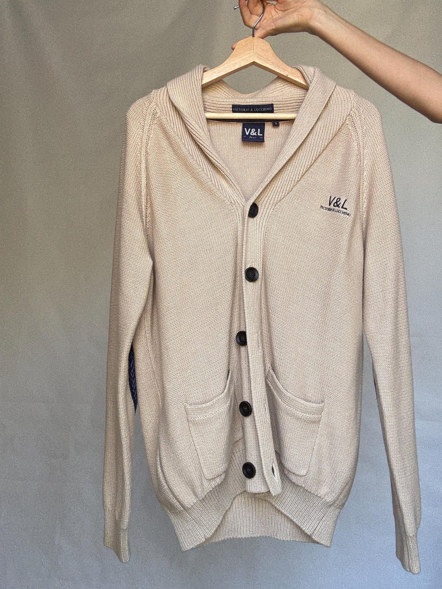 Vintage beige cardigan, 100% cotton, shawl collar, front button closure, embroidered logo, minimalist casual, US XL, everyday layering