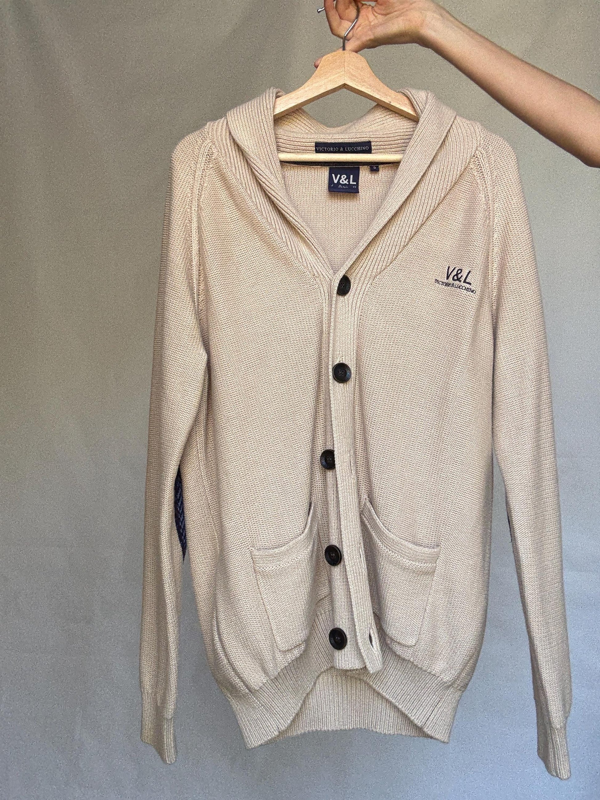 Vintage beige cardigan, 100% cotton, shawl collar, front button closure, embroidered logo, minimalist casual, US XL, everyday layering