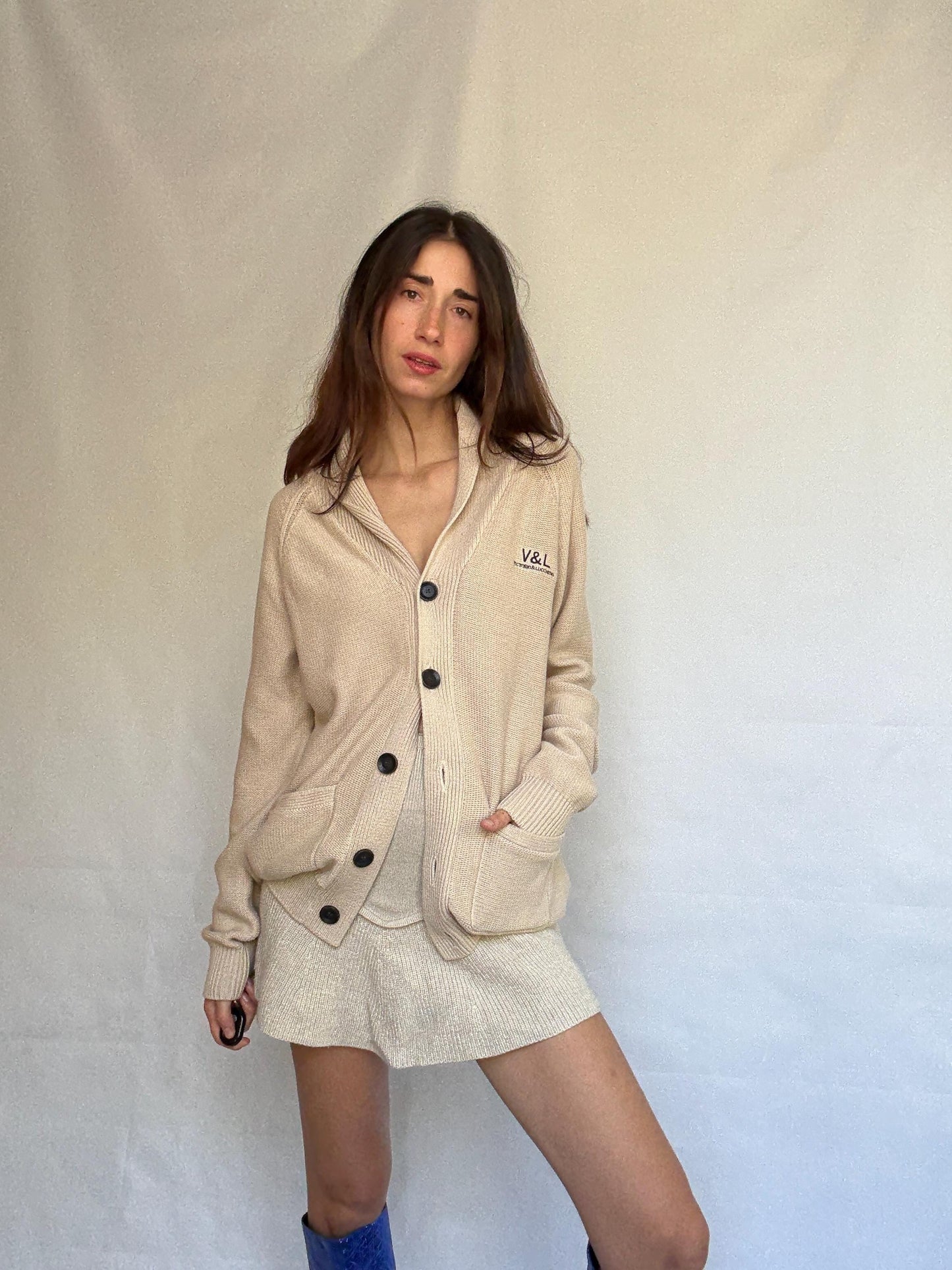 Vintage beige cardigan, 100% cotton, shawl collar, front button closure, embroidered logo, minimalist casual, US XL, everyday layering