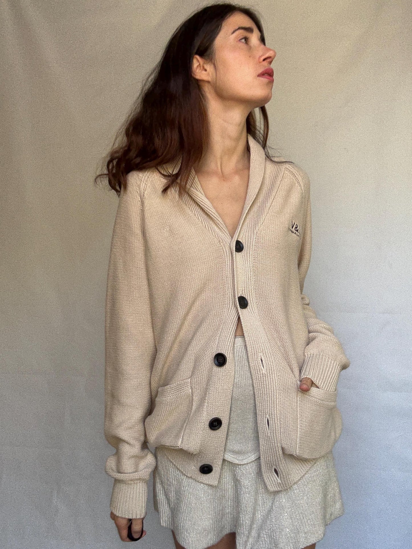 Vintage beige cardigan, 100% cotton, shawl collar, front button closure, embroidered logo, minimalist casual, US XL, everyday layering